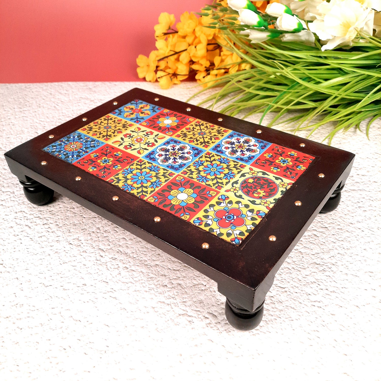 Puja Chowki Bajot | Patla with Ceramic Tile Top | Wooden Peeta - For Pooja, Sitting & Home Decor - 12 Inch - apkamart