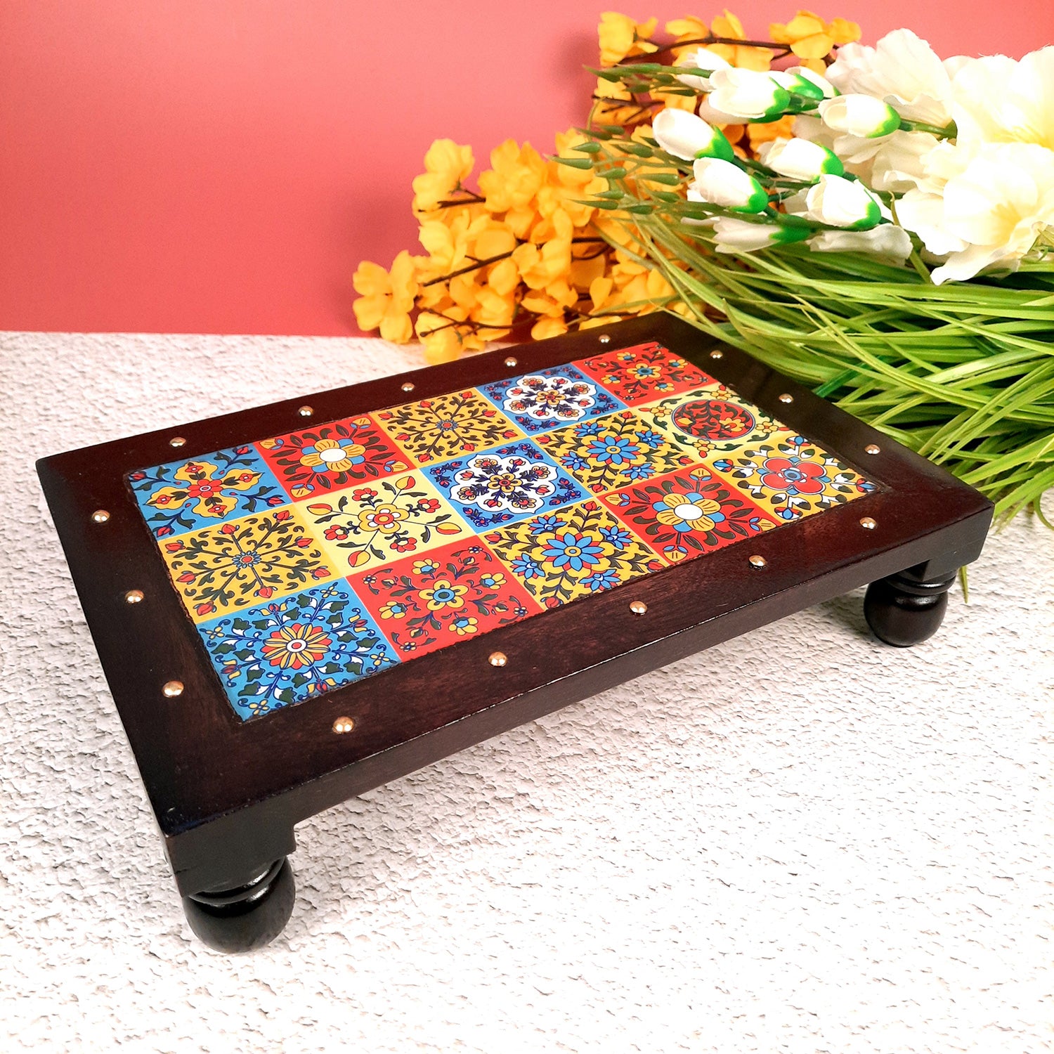 Puja Chowki Bajot | Patla with Ceramic Tile Top | Wooden Peeta - For Pooja, Sitting & Home Decor - 12 Inch - apkamart