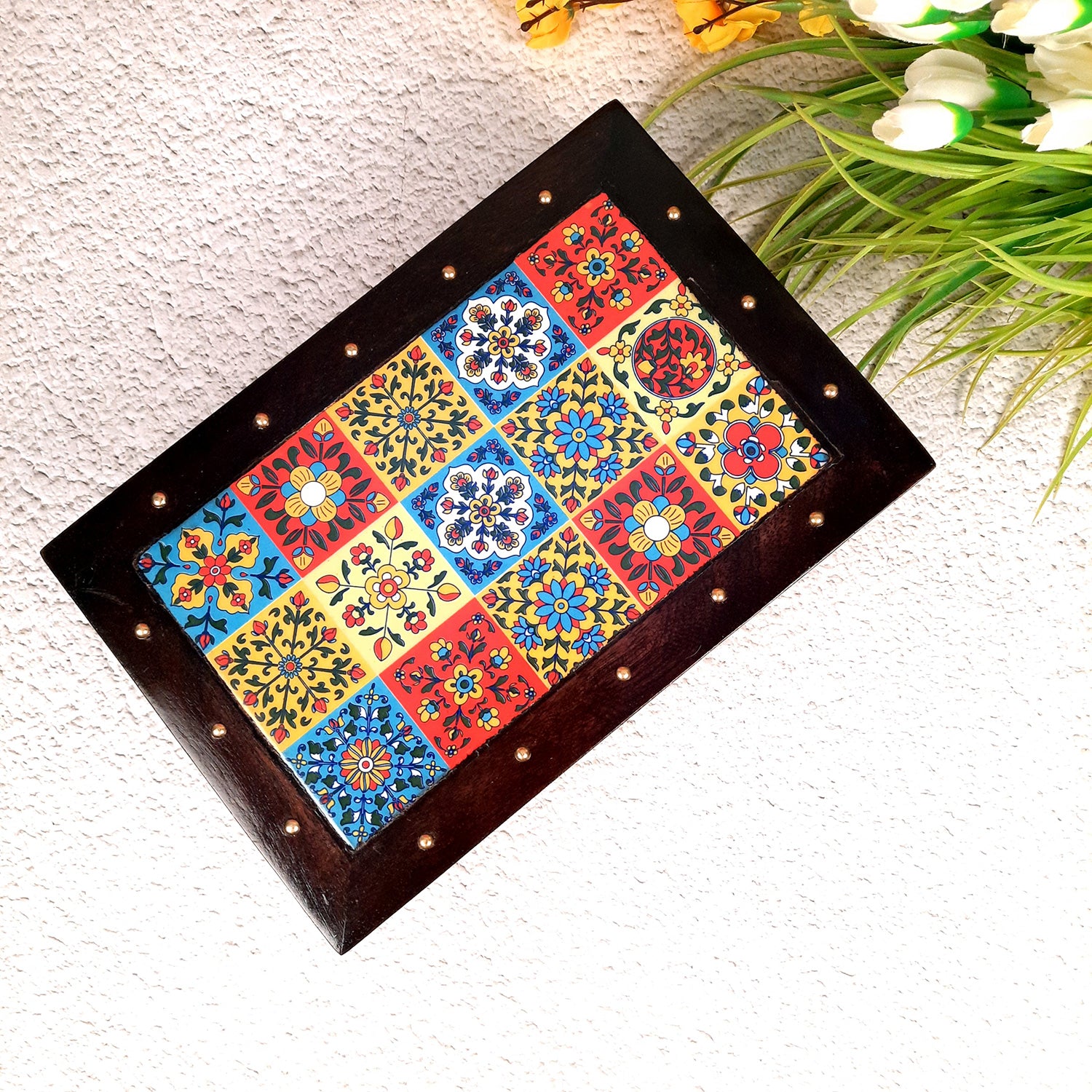 Puja Chowki Bajot | Patla with Ceramic Tile Top | Wooden Peeta - For Pooja, Sitting & Home Decor - 12 Inch - apkamart