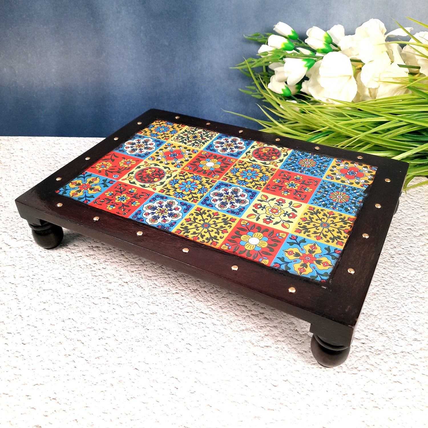 Puja Chowki Bajot Wooden | Patla with Ceramic Tile Top | Peeta - For Sitting, Corner Decor, Plant Stand, Home Decoration & Gift - 14 Inch - Apkamart