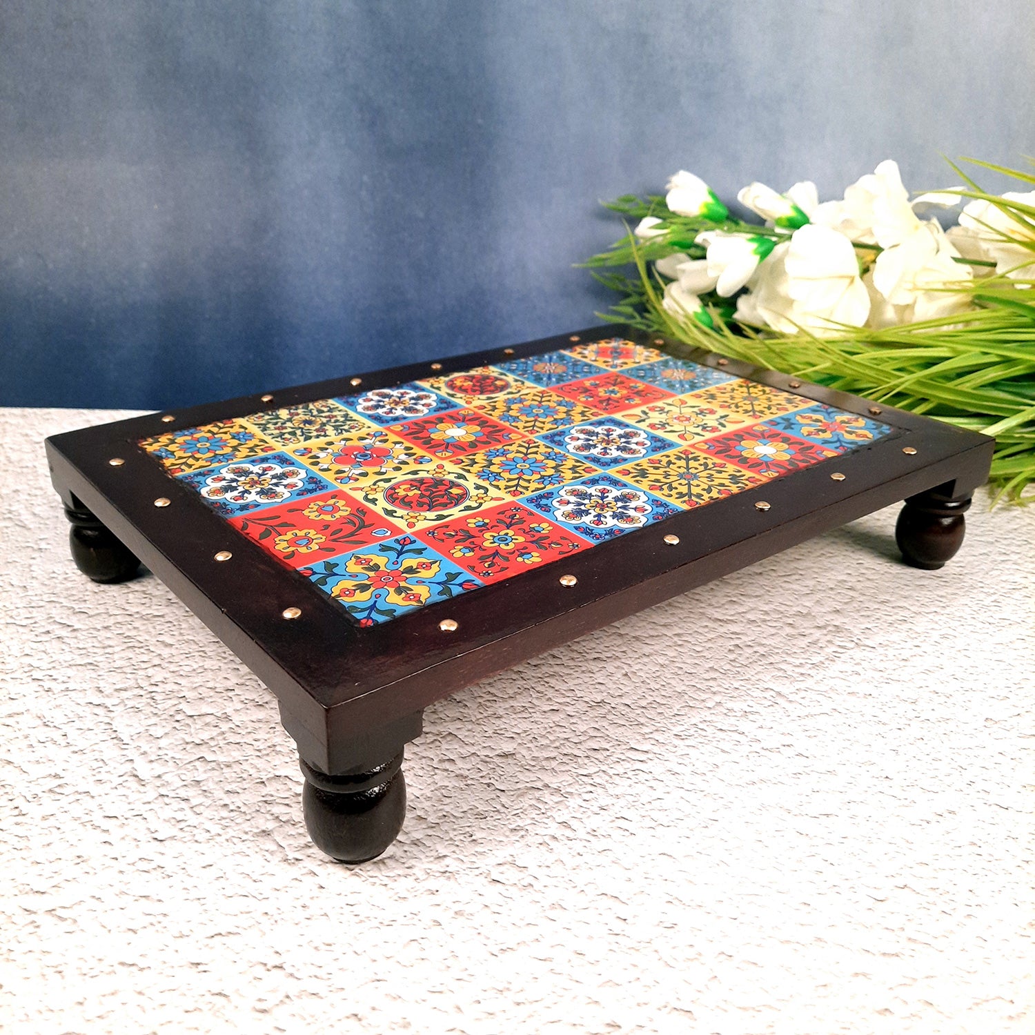 Puja Chowki Bajot Wooden | Patla with Ceramic Tile Top | Peeta - For Sitting, Corner Decor, Plant Stand, Home Decoration & Gift - 14 Inch - Apkamart