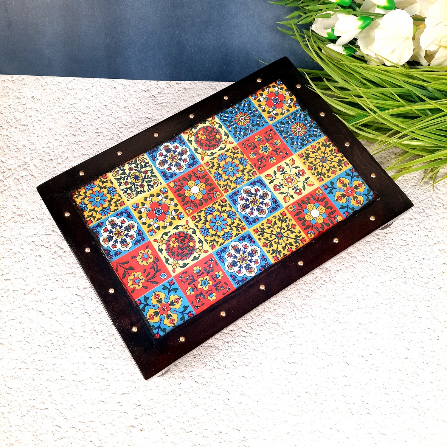 Puja Chowki Bajot Wooden | Patla with Ceramic Tile Top | Peeta - For Sitting, Corner Decor, Plant Stand, Home Decoration & Gift - 14 Inch - Apkamart