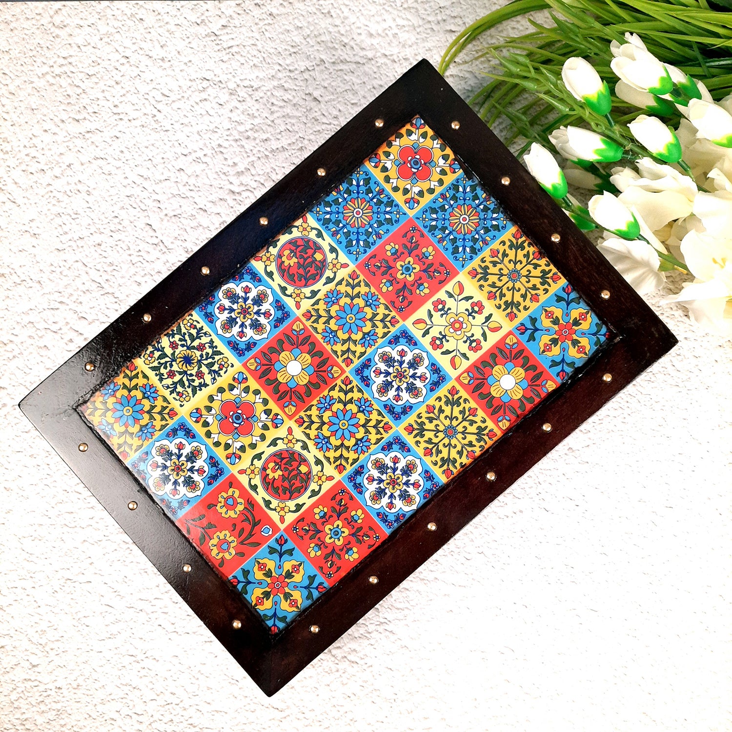 Puja Chowki Bajot Wooden | Patla with Ceramic Tile Top | Peeta - For Sitting, Corner Decor, Plant Stand, Home Decoration & Gift - 14 Inch - Apkamart