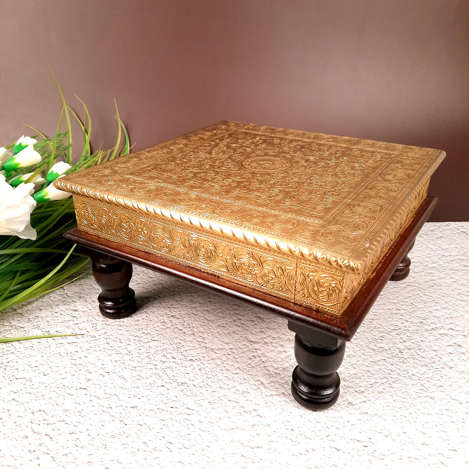 Puja Chowki Bajot | Brass Chauki Wooden - For Pooja, Temple, Home Decor & Sitting - 12 Inch - Apkamart #Style_Design 1