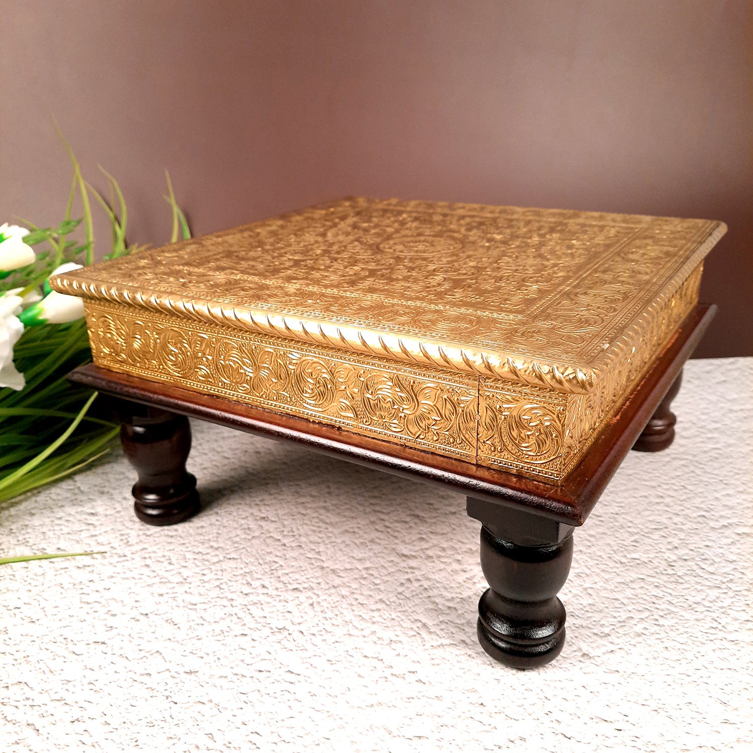 Puja Chowki Bajot | Brass Chauki Wooden - For Pooja, Temple, Home Decor & Sitting - 12 Inch - Apkamart #Style_Design 1