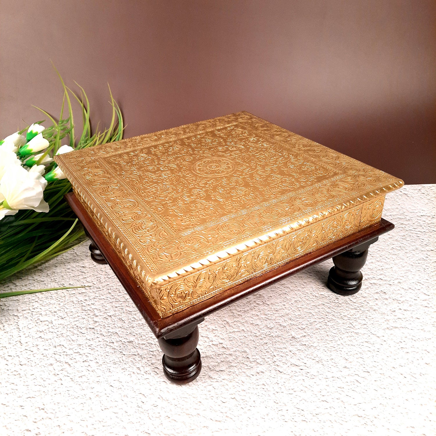 Puja Chowki Bajot | Brass Chauki Wooden - For Pooja, Temple, Home Decor & Sitting - 12 Inch - Apkamart #Style_Design 1