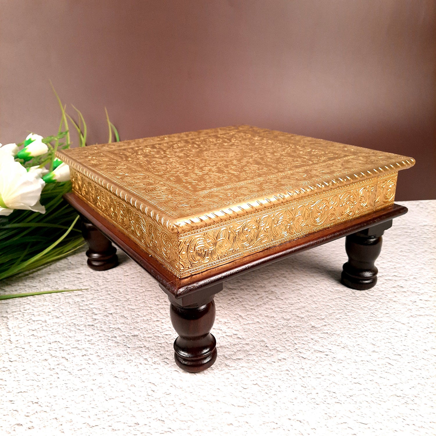 Puja Chowki Bajot | Brass Chauki Wooden - For Pooja, Temple, Home Decor & Sitting - 12 Inch - Apkamart #Style_Design 1