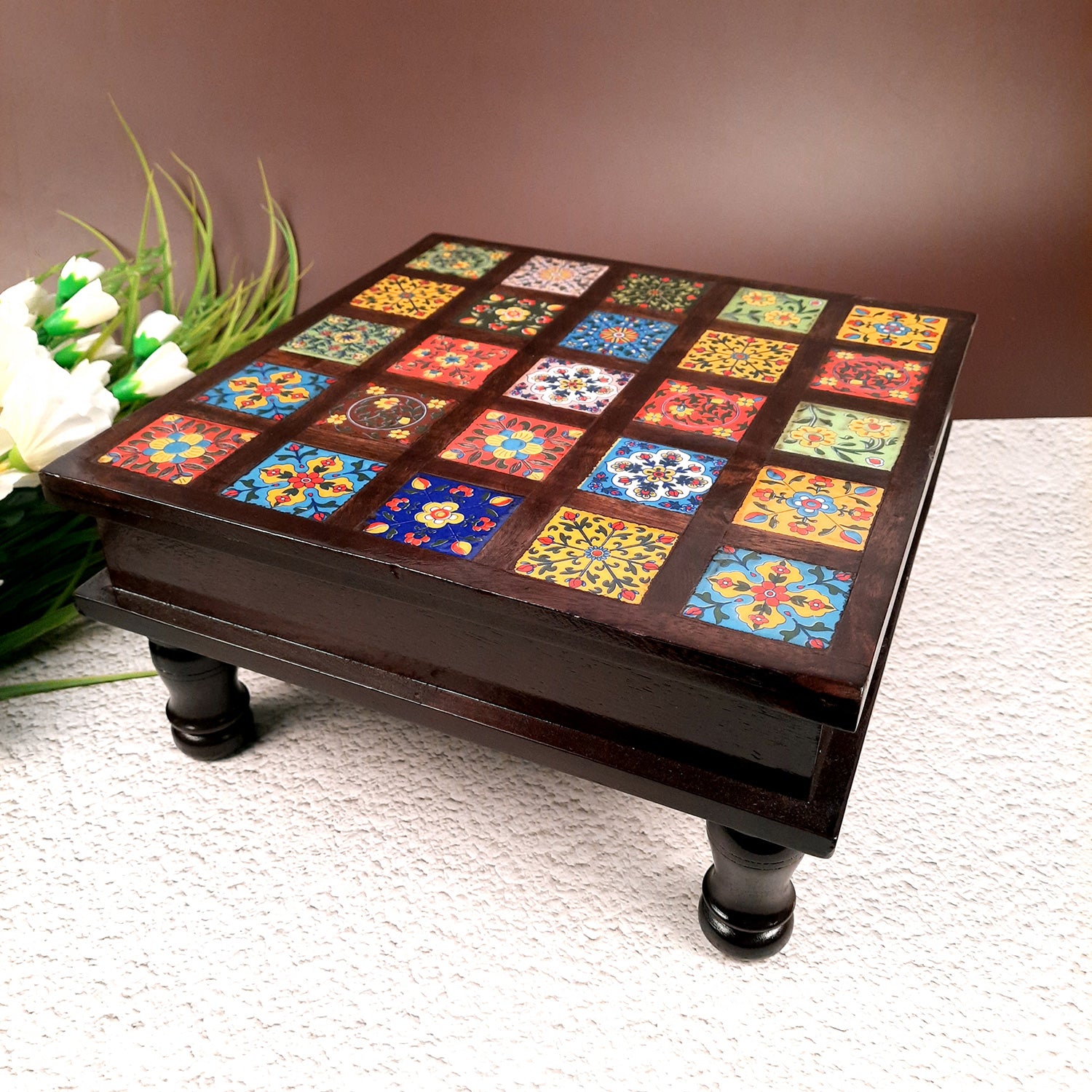 Wooden Puja Chowki with Ceramic Tile Top | Peeta / Patla - For Pooja, Weddings, Home Decor & Festivals - 13 Inches - Apkamart