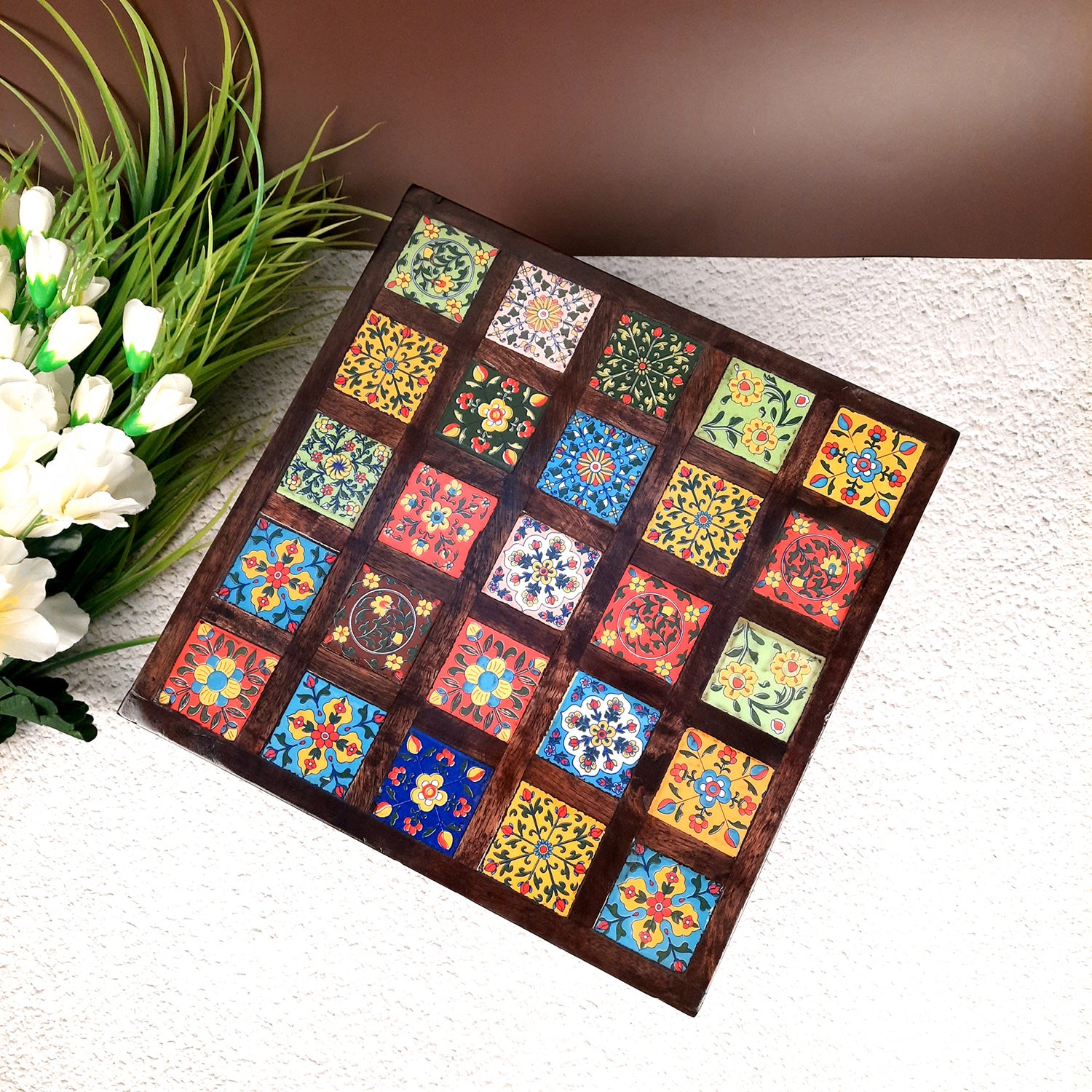 Wooden Puja Chowki with Ceramic Tile Top | Peeta / Patla - For Pooja, Weddings, Home Decor & Festivals - 13 Inches - Apkamart