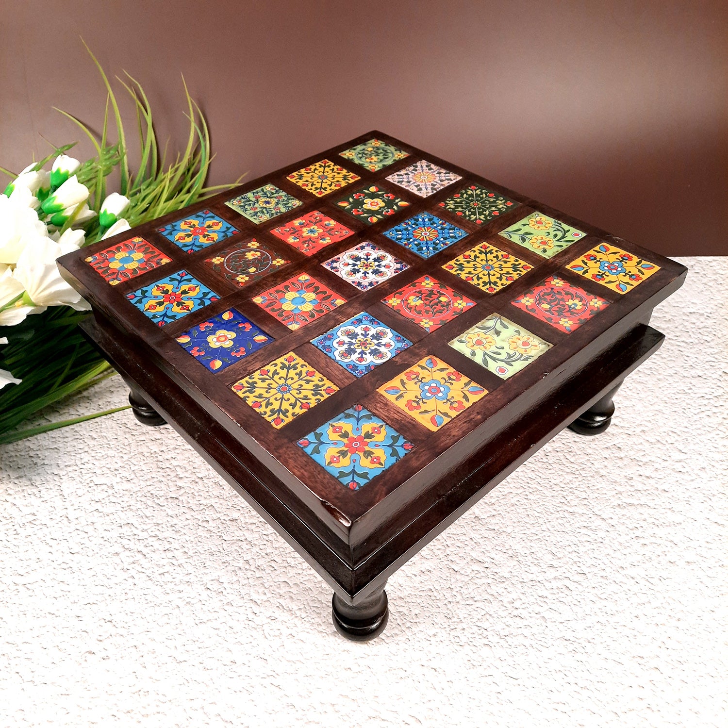 Wooden Puja Chowki with Ceramic Tile Top | Peeta / Patla - For Pooja, Weddings, Home Decor & Festivals - 13 Inches - Apkamart