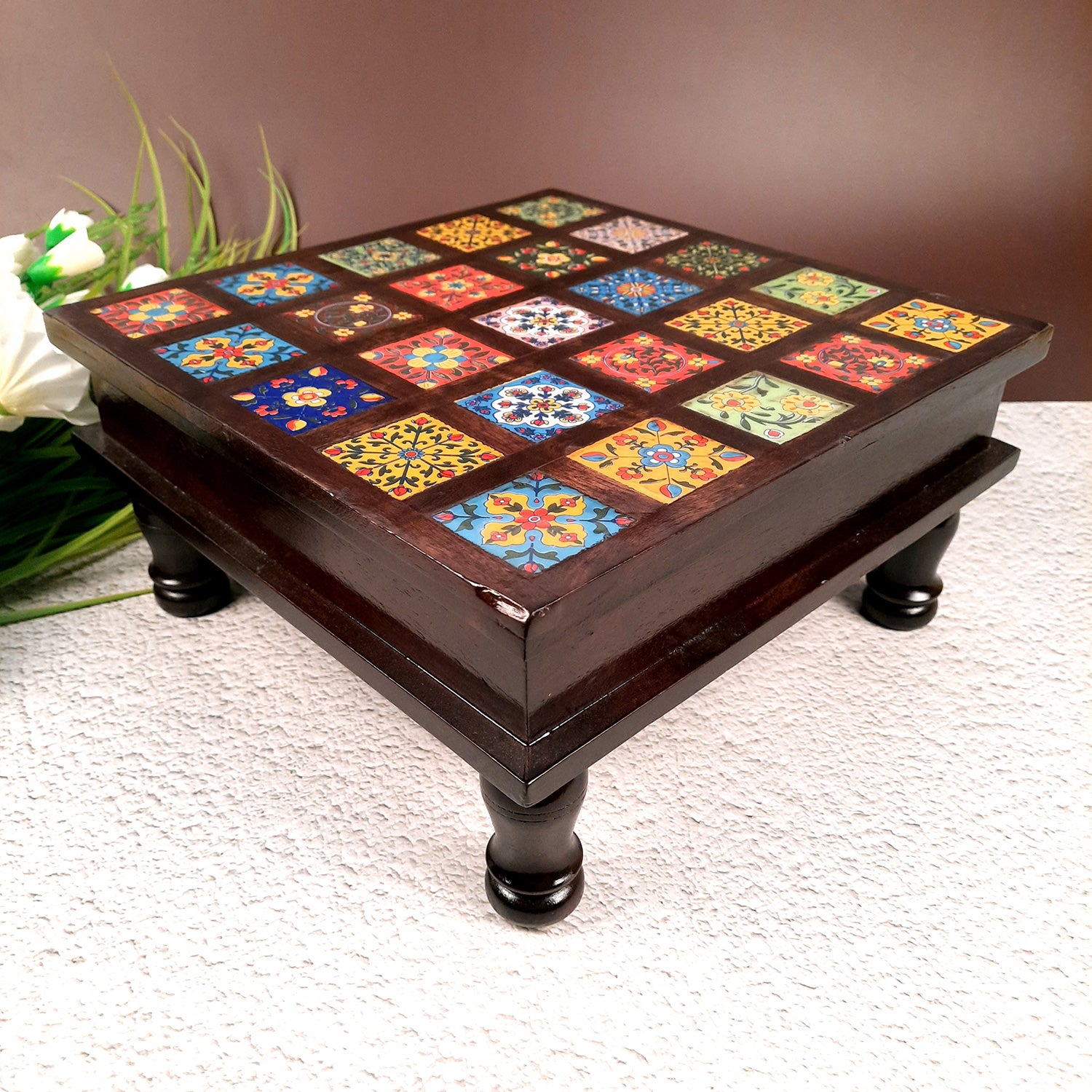 Wooden Puja Chowki with Ceramic Tile Top | Peeta / Patla - For Pooja, Weddings, Home Decor & Festivals - 13 Inches - Apkamart