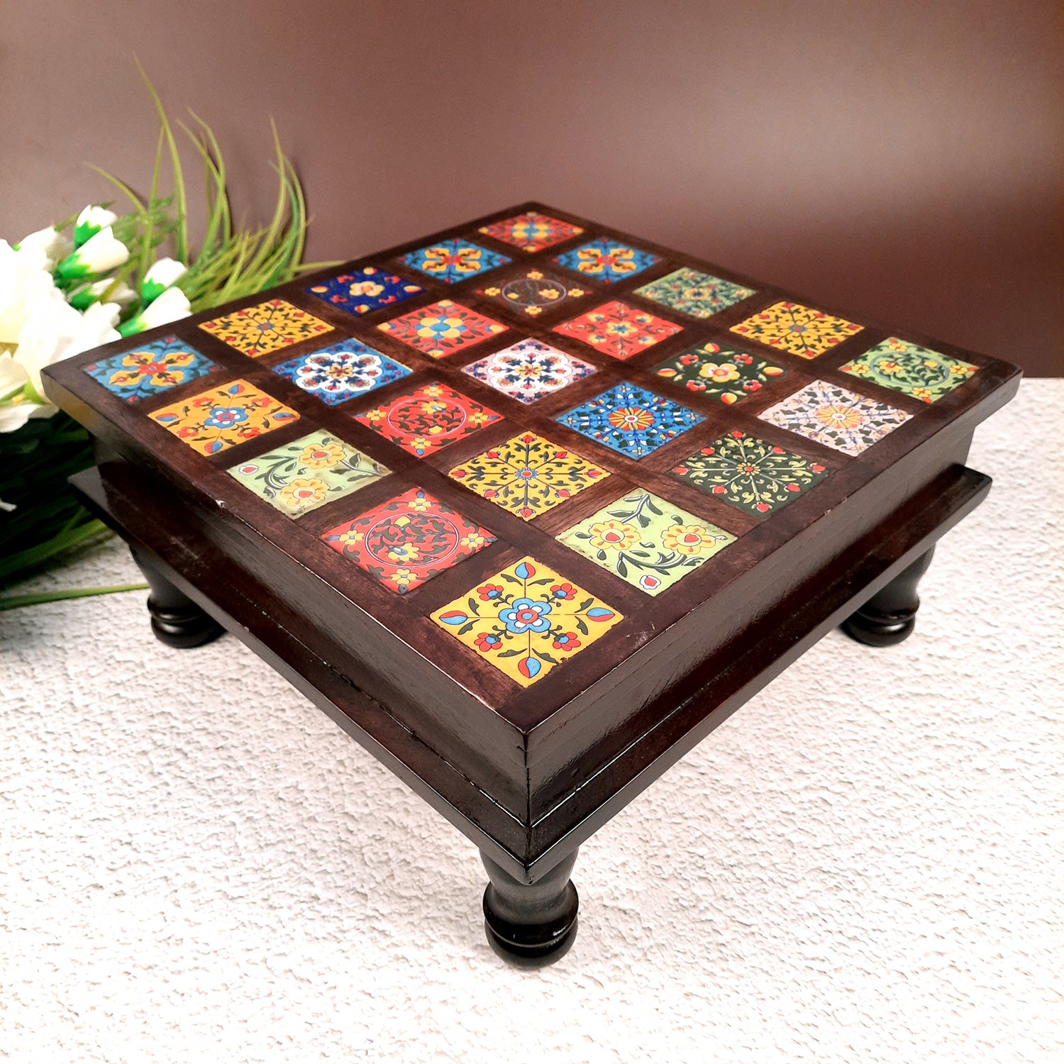 Wooden Puja Chowki with Ceramic Tile Top | Peeta / Patla - For Pooja, Weddings, Home Decor & Festivals - 13 Inches - Apkamart