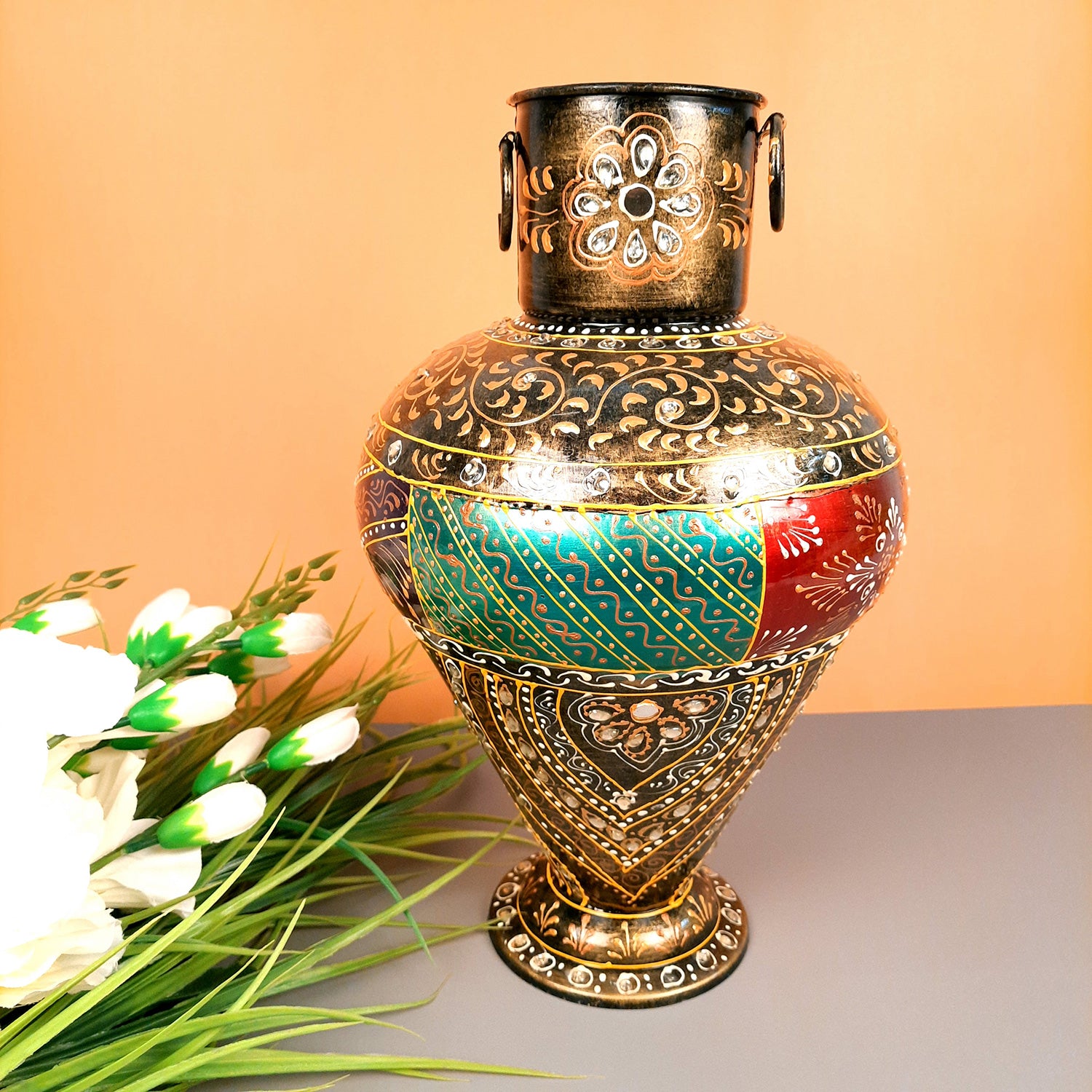 Flower Pot | Vase - Metal - for Home Decoration, Living Room, Table, Shelf, Office & Interior Decor | House Warming & Festival Gift - 14 Inch