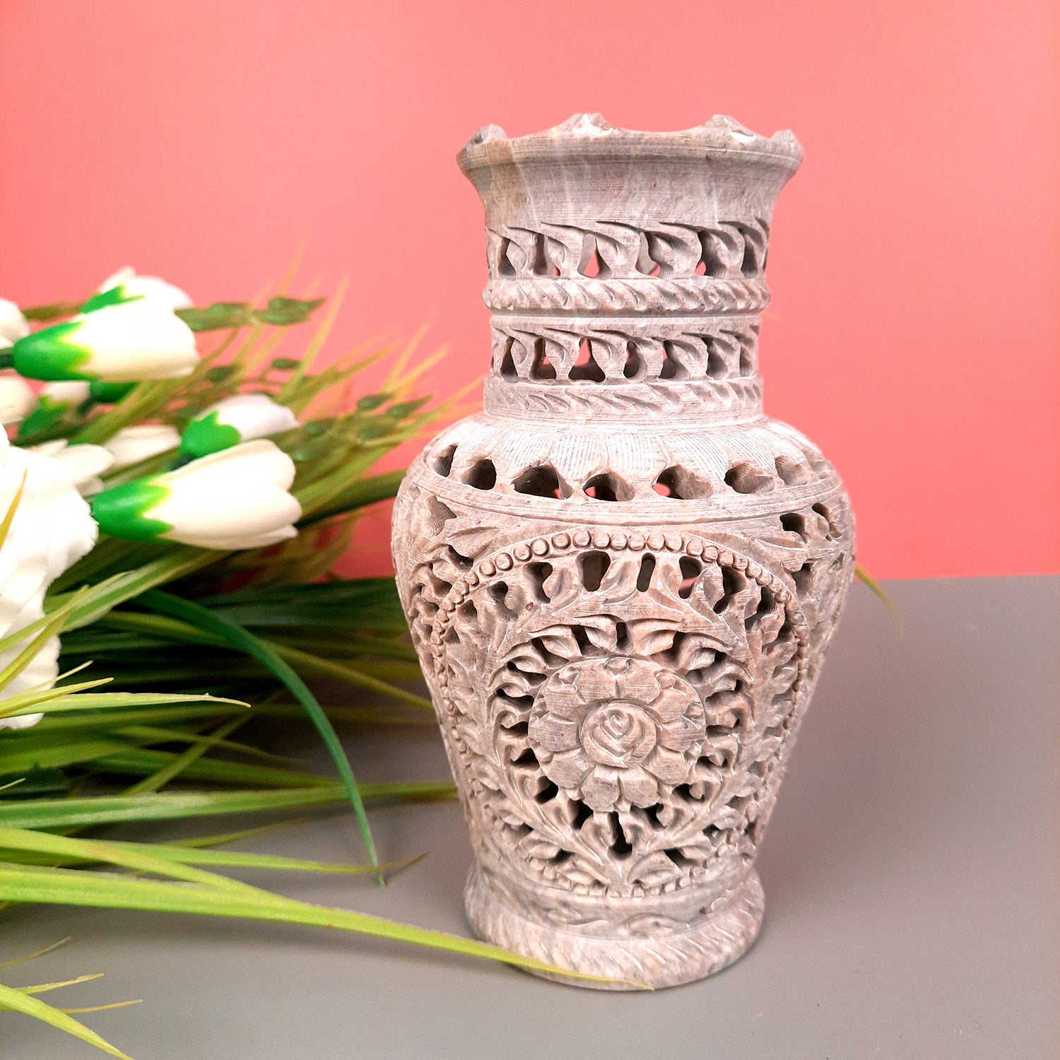 Flower Vase | Pots for Flowers - Stone - With Intricate Handwork And Rich Detailing - For Tabletop, Living Room, Home & Office Decoration | Centerpiece for Table Decoration |Vases for Gifts - 6 Inch