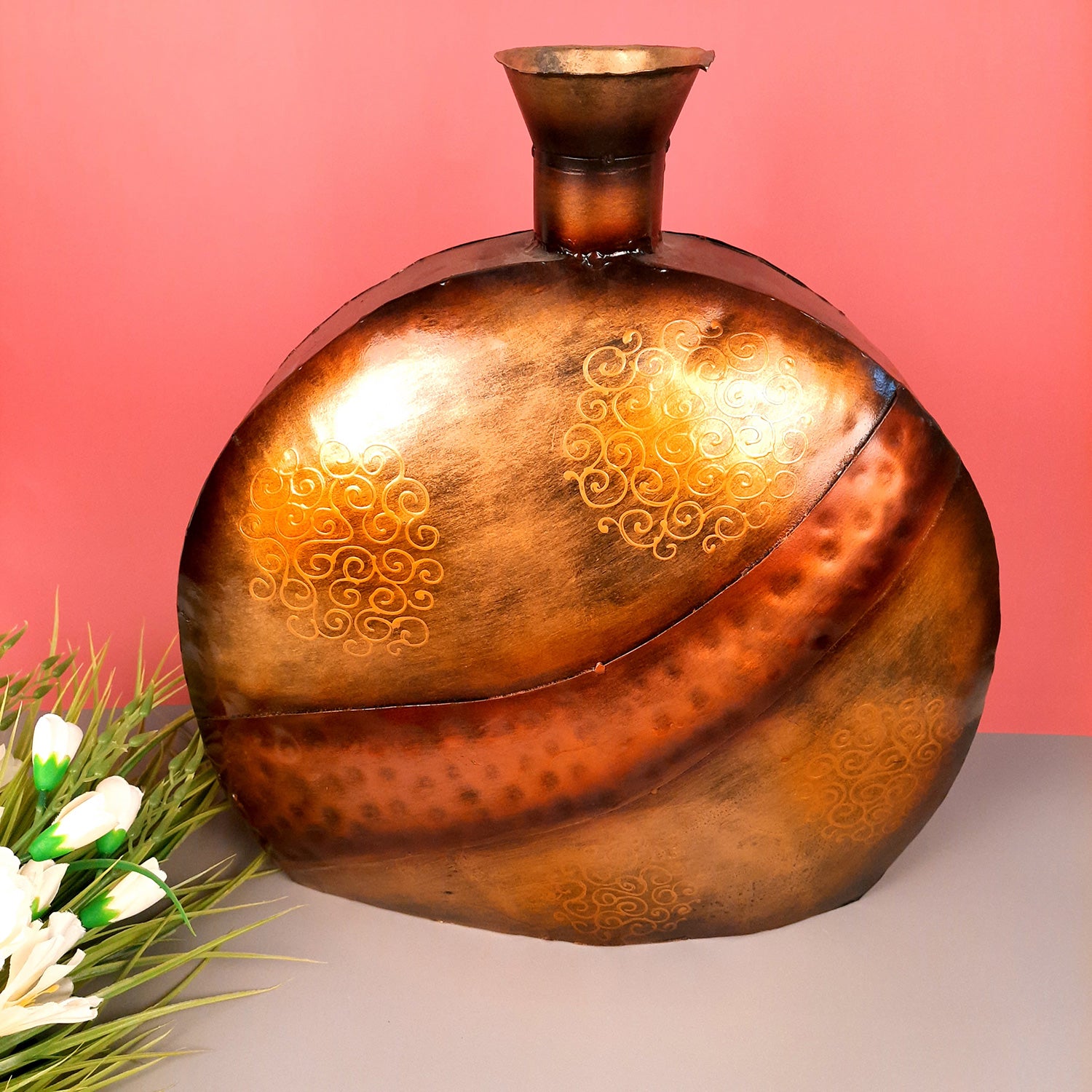 Flower Pot Big | Antique Metal Vase - For Home, Living Room, Dining Space, Corner Decor & Gifts - 10 Inch - Apkamart