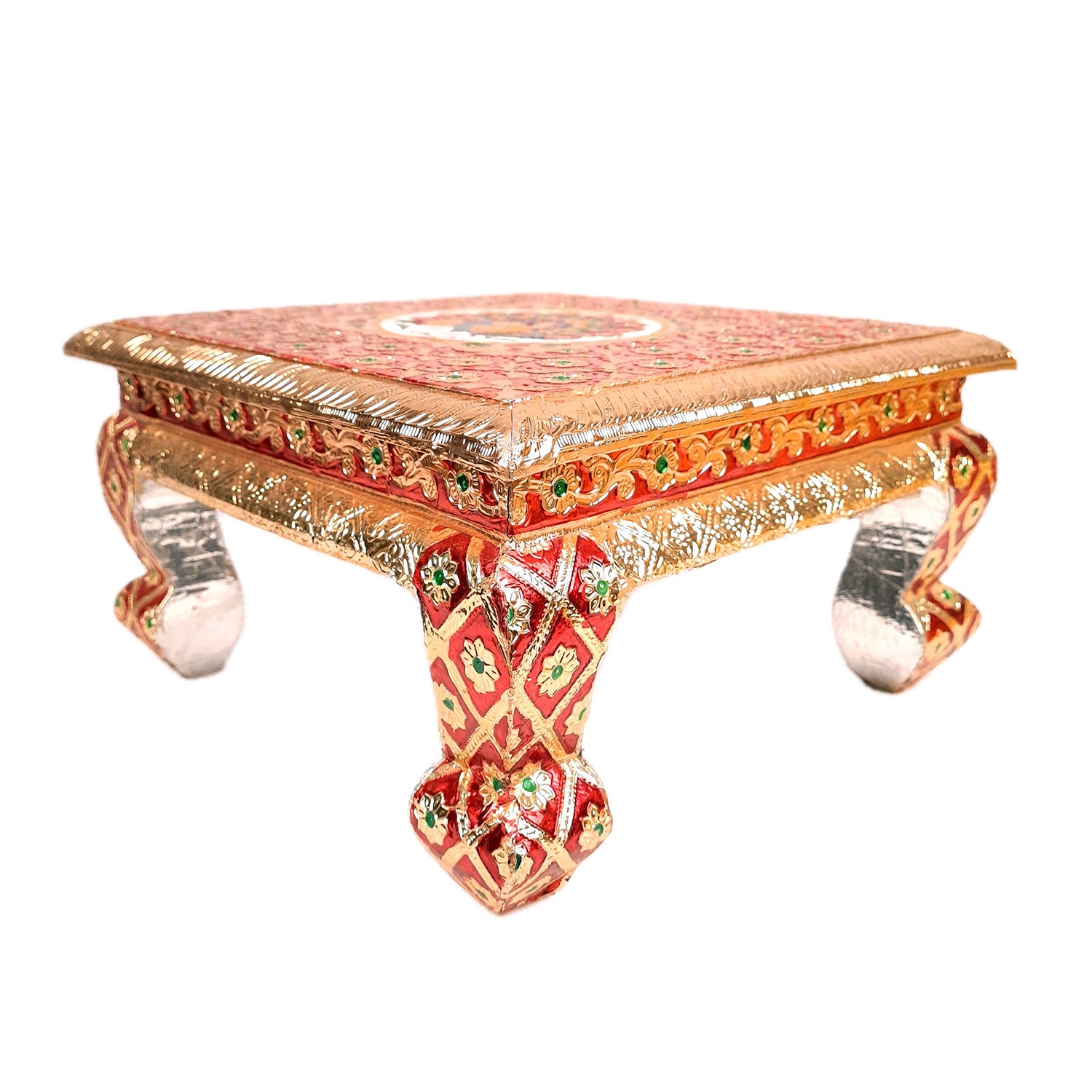 Meenakari Wooden Chowki Bajot - For Pooja & Home Decor - 12 Inch- Apkamart #Style_Pack of 1