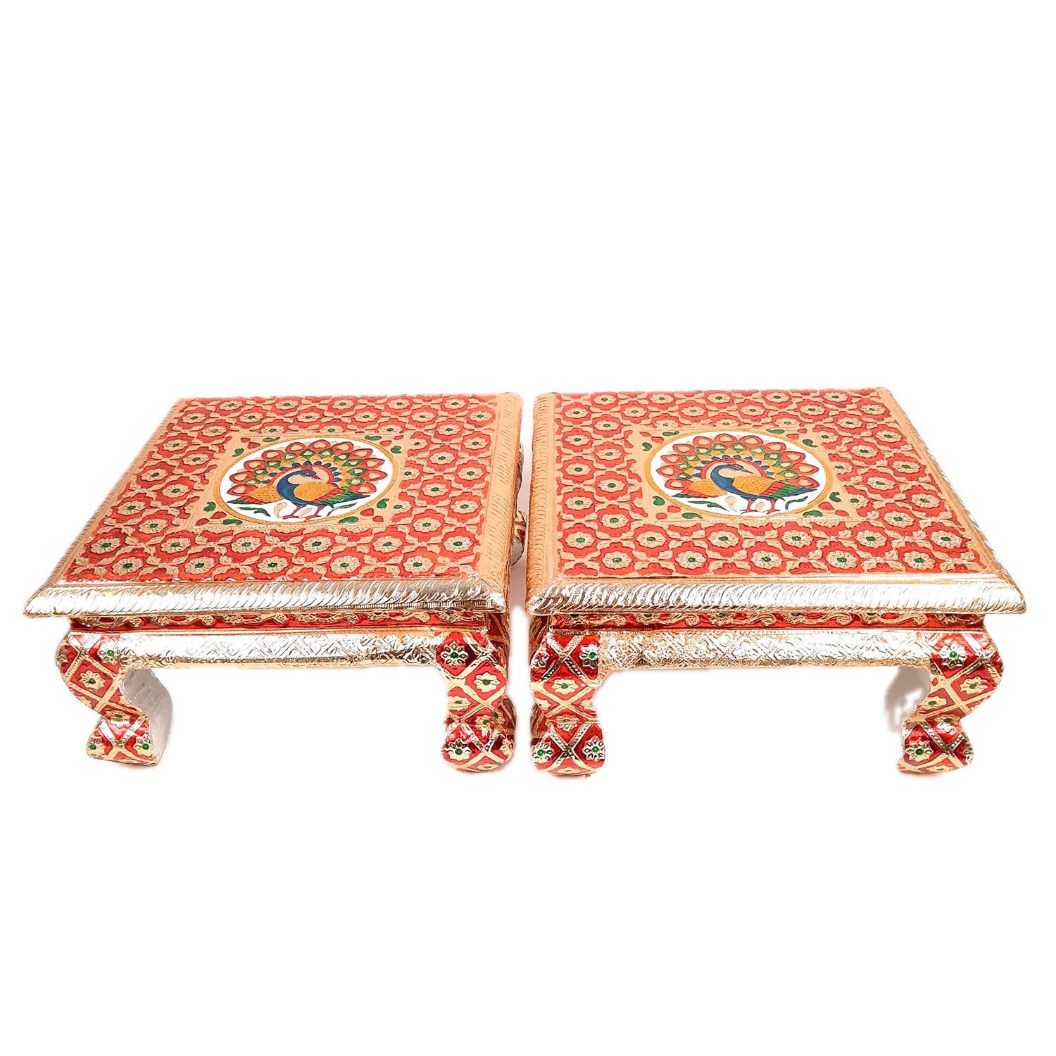 Meenakari Wooden Chowki Bajot - For Pooja & Home Decor - 12 Inch- Apkamart #Style_Pack of 2