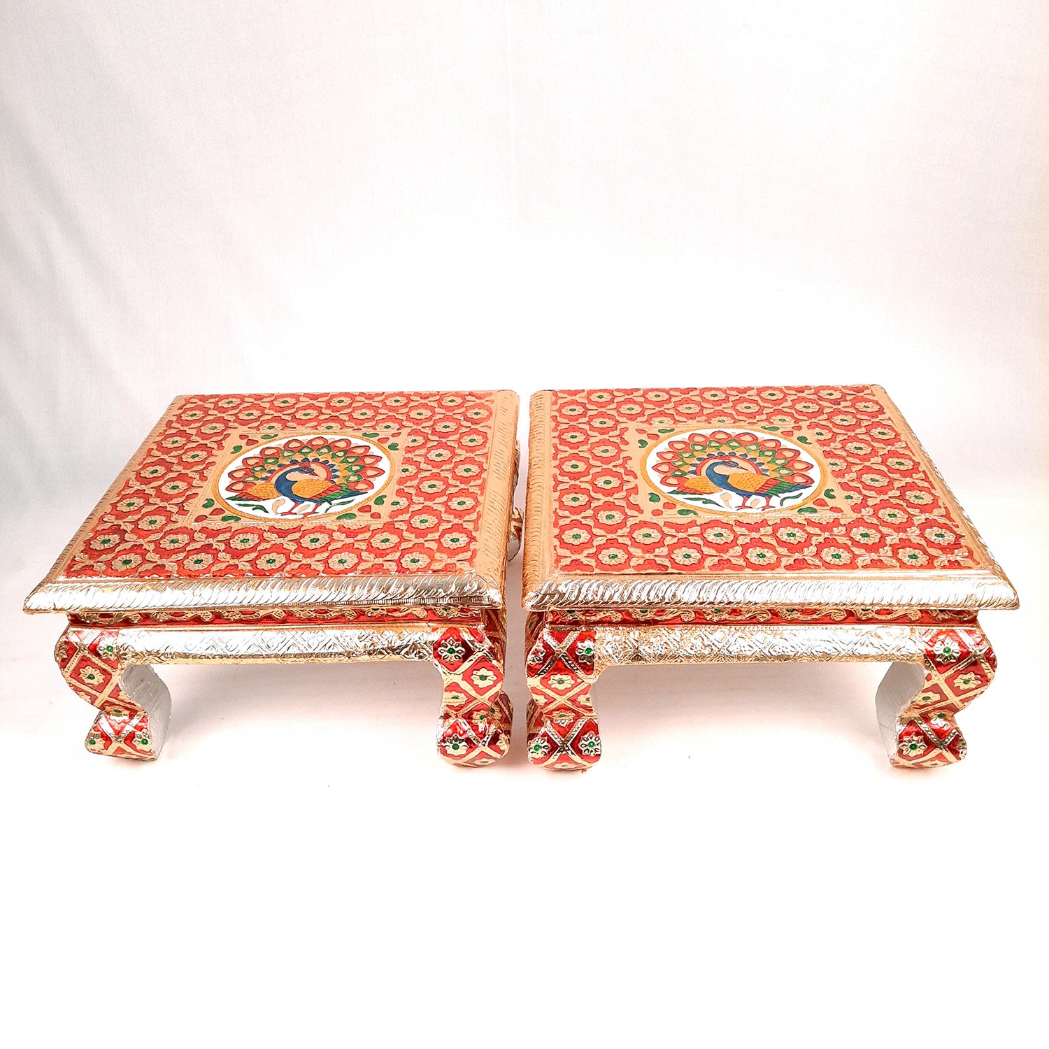 Meenakari Wooden Chowki Bajot - For Pooja & Home Decor - 12 Inch- Apkamart #Style_Pack of 2