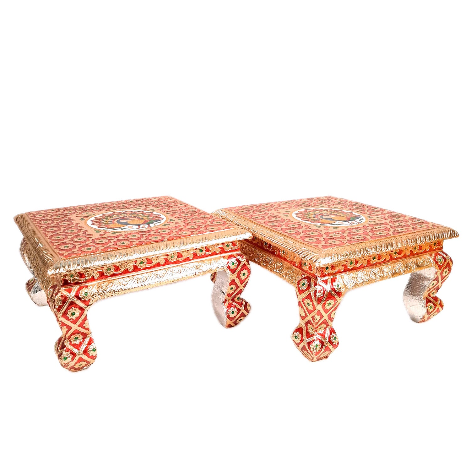 Meenakari Wooden Chowki Bajot - For Pooja & Home Decor - 12 Inch- Apkamart #Style_Pack of 2