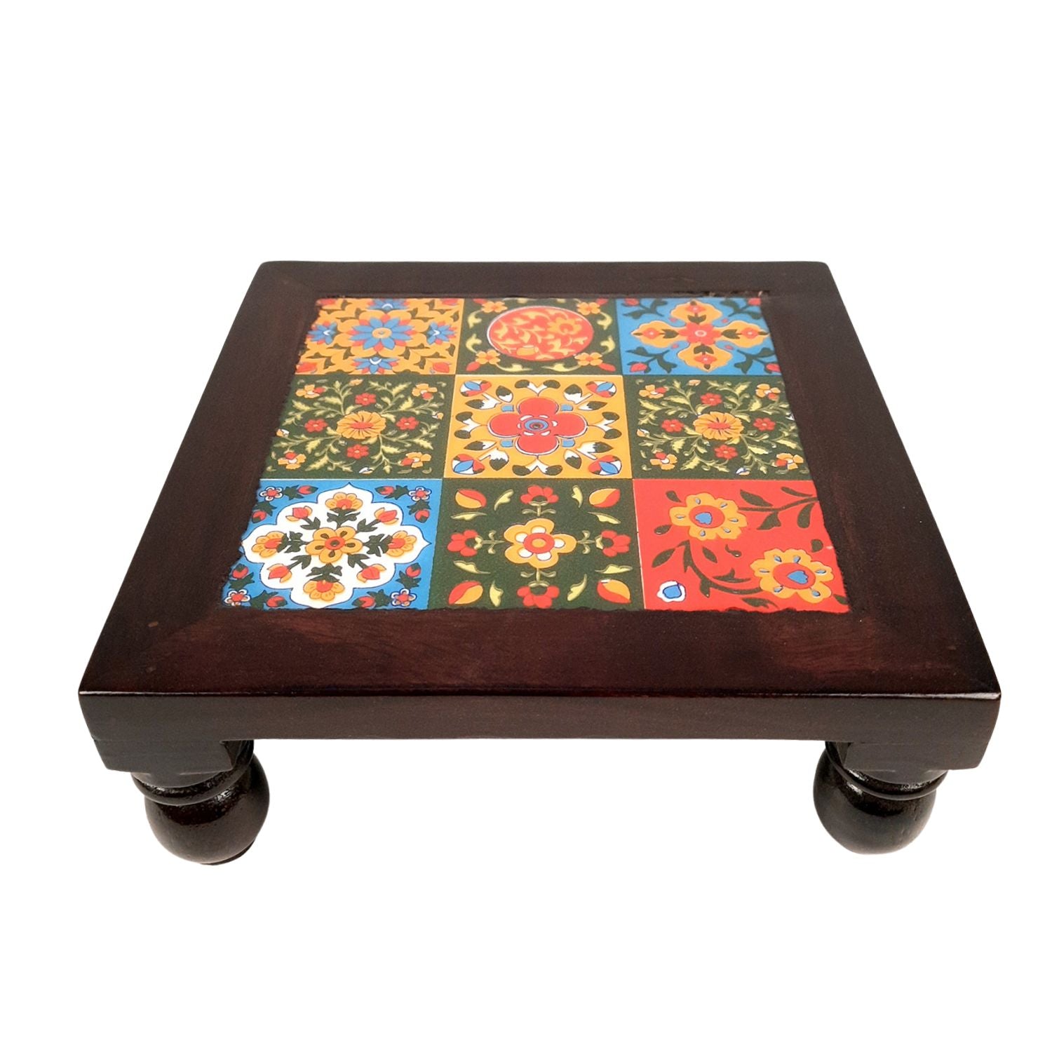 Puja Chowki Bajot with Ceramic Tiles | Wooden Patla - For Pooja, Sitting & Home Decor - 8 Inch - Apkamart