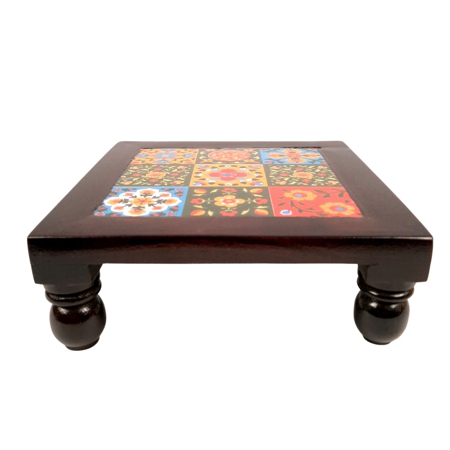 Puja Chowki Bajot with Ceramic Tiles | Wooden Patla - For Pooja, Sitting & Home Decor - 8 Inch - Apkamart