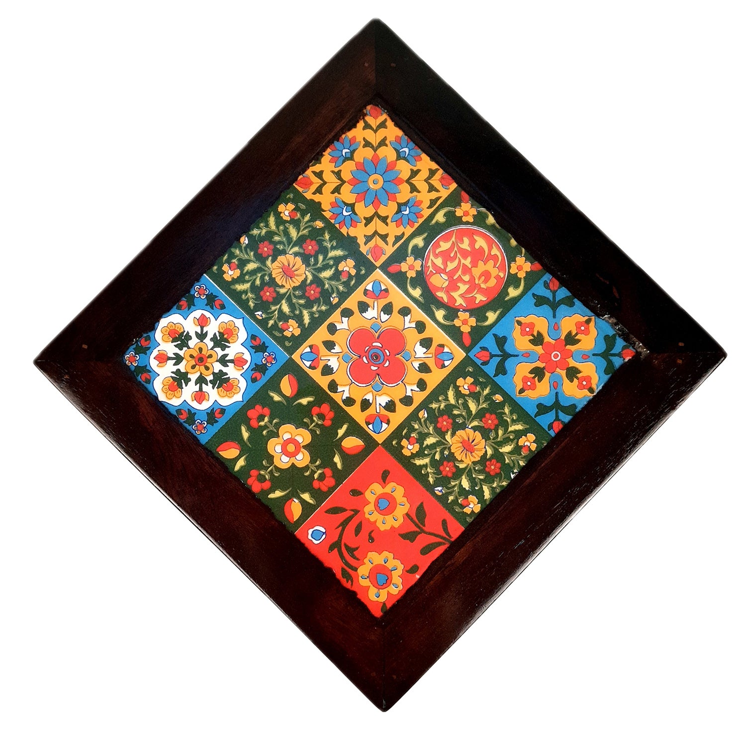 Puja Chowki Bajot with Ceramic Tiles | Wooden Patla - For Pooja, Sitting & Home Decor - 8 Inch - Apkamart