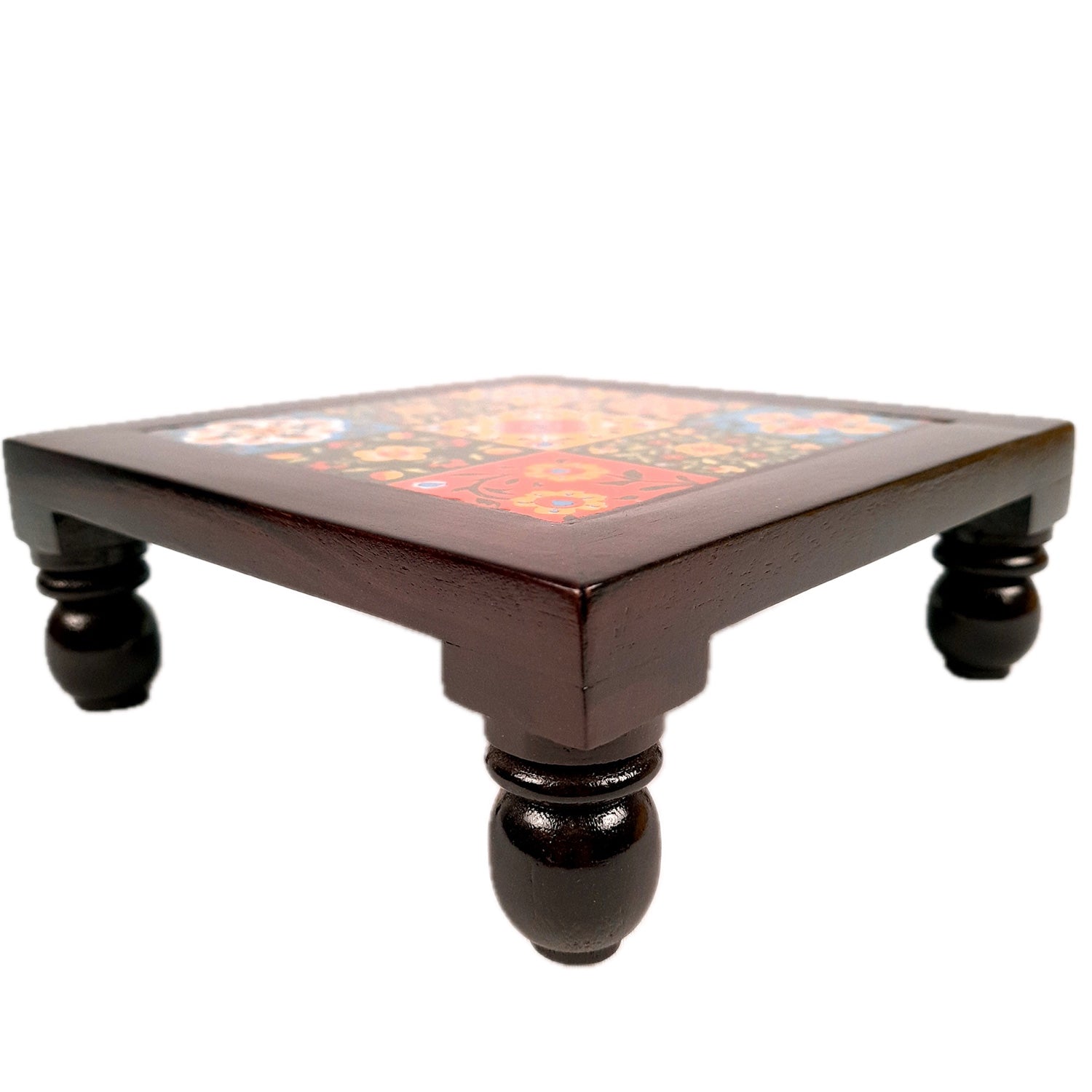 Puja Chowki Bajot with Ceramic Tiles | Wooden Patla - For Pooja, Sitting & Home Decor - 8 Inch - Apkamart