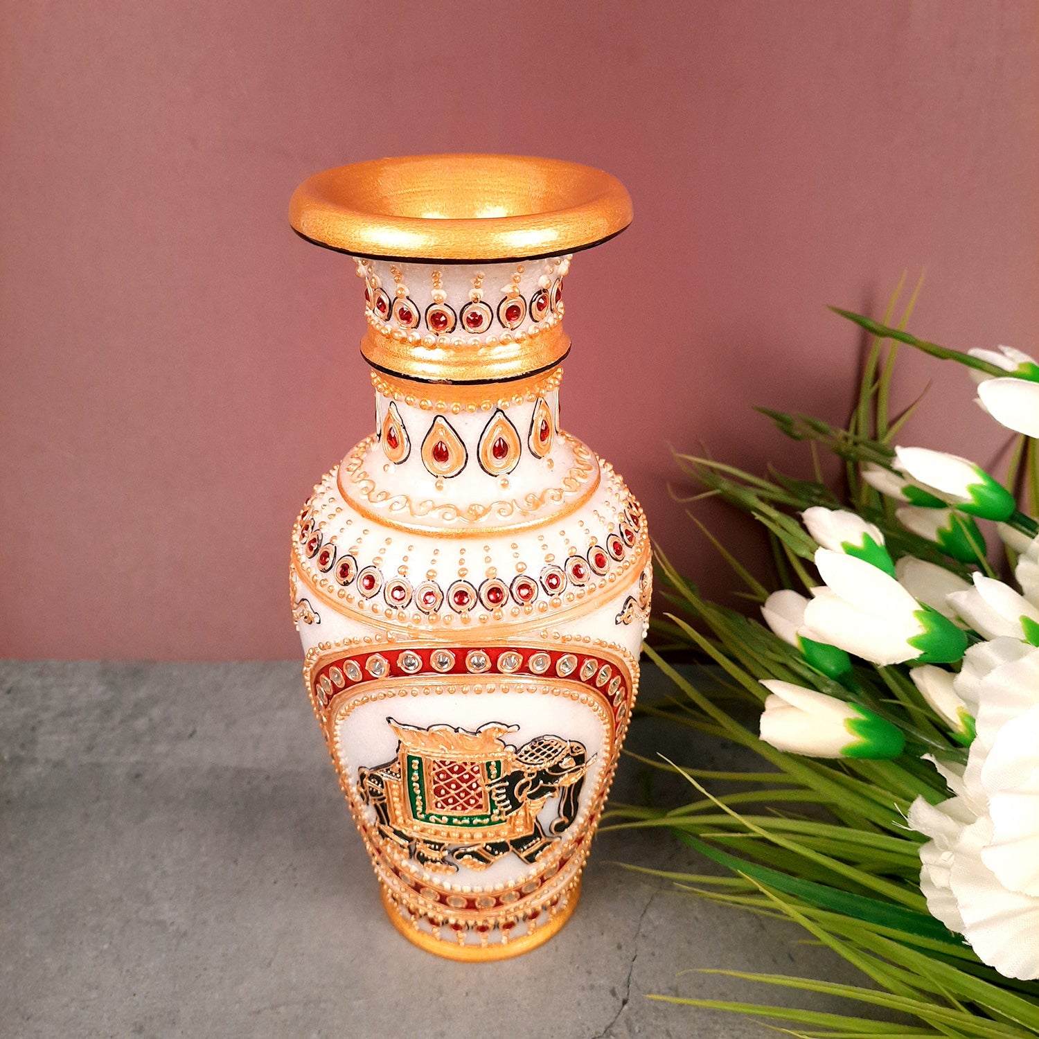 Flower Pot | Vase - Marble With Intricate Handwork, Rich Detailing And Elephant Design - for Home Decoration, Living Room, Table, Shelf, Office & Interior Decor | House Warming & Festival Gift  - 9 Inch