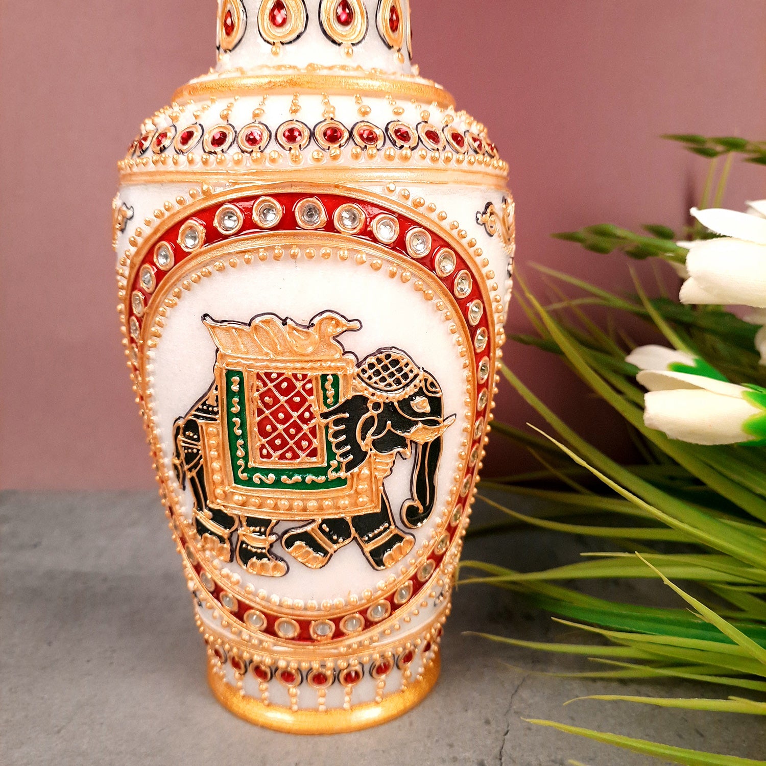 Flower Pot | Vase - Marble With Intricate Handwork, Rich Detailing And Elephant Design - for Home Decoration, Living Room, Table, Shelf, Office & Interior Decor | House Warming & Festival Gift  - 9 Inch