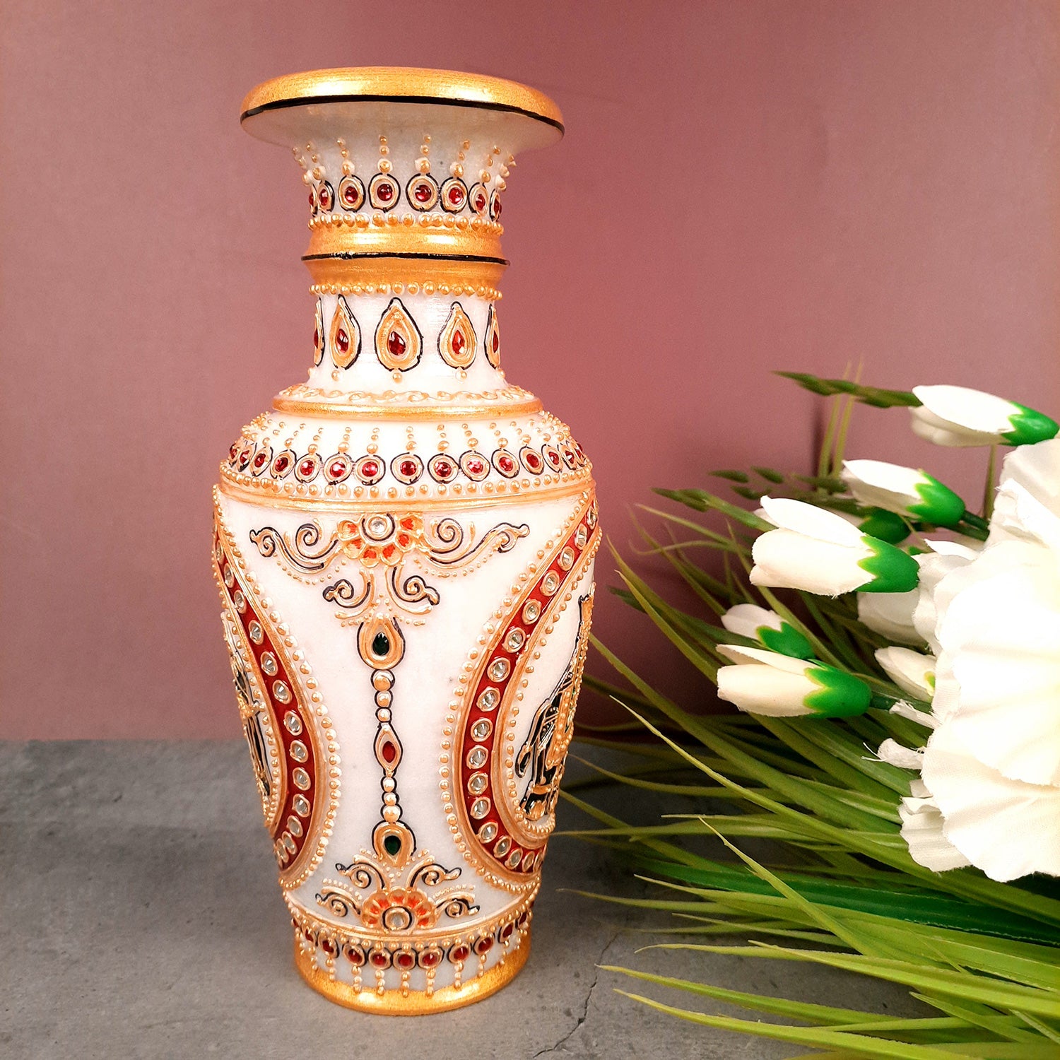 Flower Pot | Vase - Marble With Intricate Handwork, Rich Detailing And Elephant Design - for Home Decoration, Living Room, Table, Shelf, Office & Interior Decor | House Warming & Festival Gift  - 9 Inch