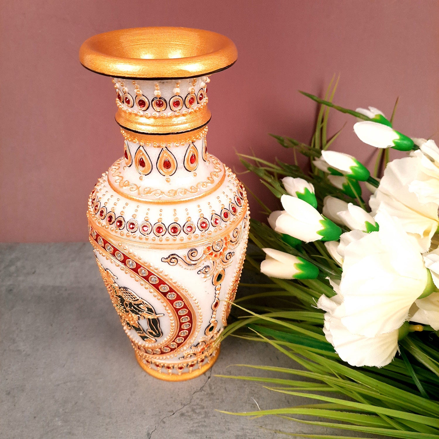 Flower Pot | Vase - Marble With Intricate Handwork, Rich Detailing And Elephant Design - for Home Decoration, Living Room, Table, Shelf, Office & Interior Decor | House Warming & Festival Gift  - 9 Inch