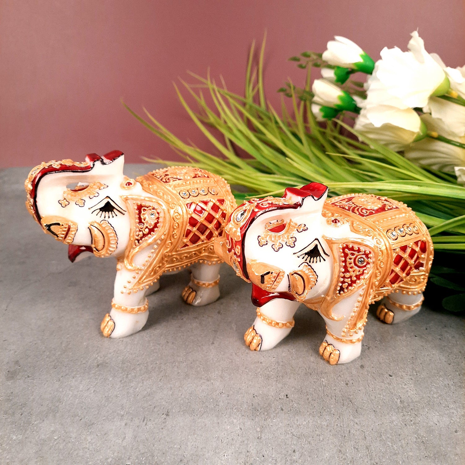 Elephant Showpiece Marble | Decorative Elephant Figurines - For Table, Living Room & Home Decoration - (Height - 4 Inch, Set of 2) - Apkamart