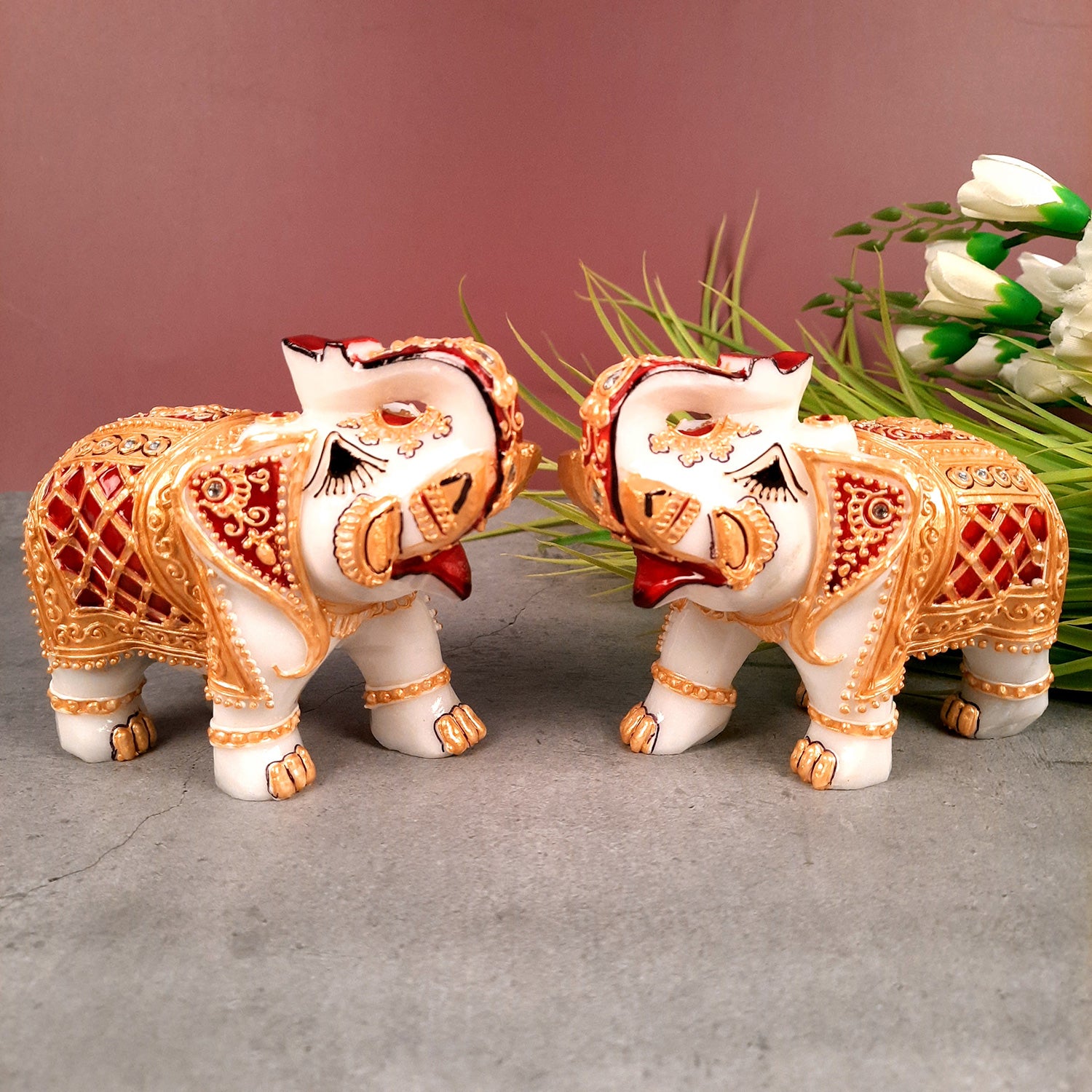 Elephant Showpiece Marble | Decorative Elephant Figurines - For Table, Living Room & Home Decoration - (Height - 4 Inch, Set of 2) - Apkamart