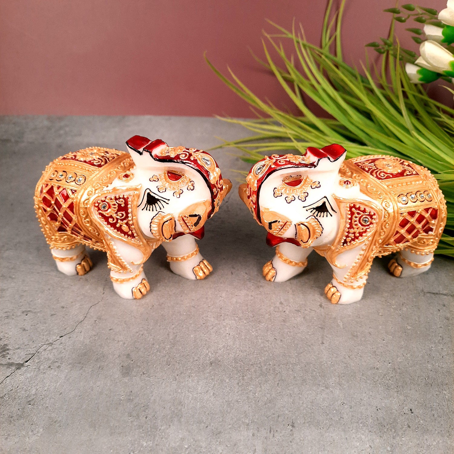 Elephant Showpiece Marble | Decorative Elephant Figurines - For Table, Living Room & Home Decoration - (Height - 4 Inch, Set of 2) - Apkamart