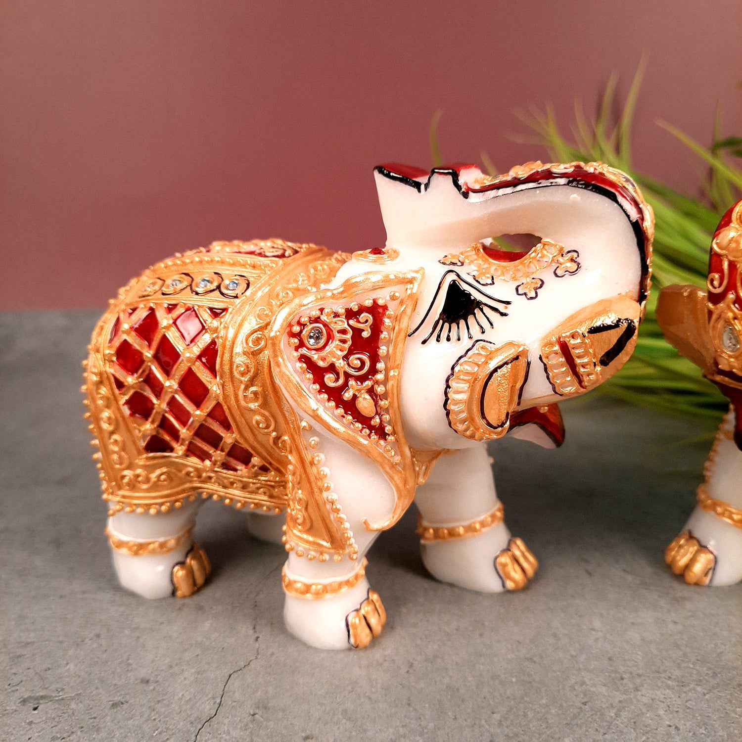 Elephant Showpiece Marble | Decorative Elephant Figurines - For Table, Living Room & Home Decoration - (Height - 4 Inch, Set of 2) - Apkamart