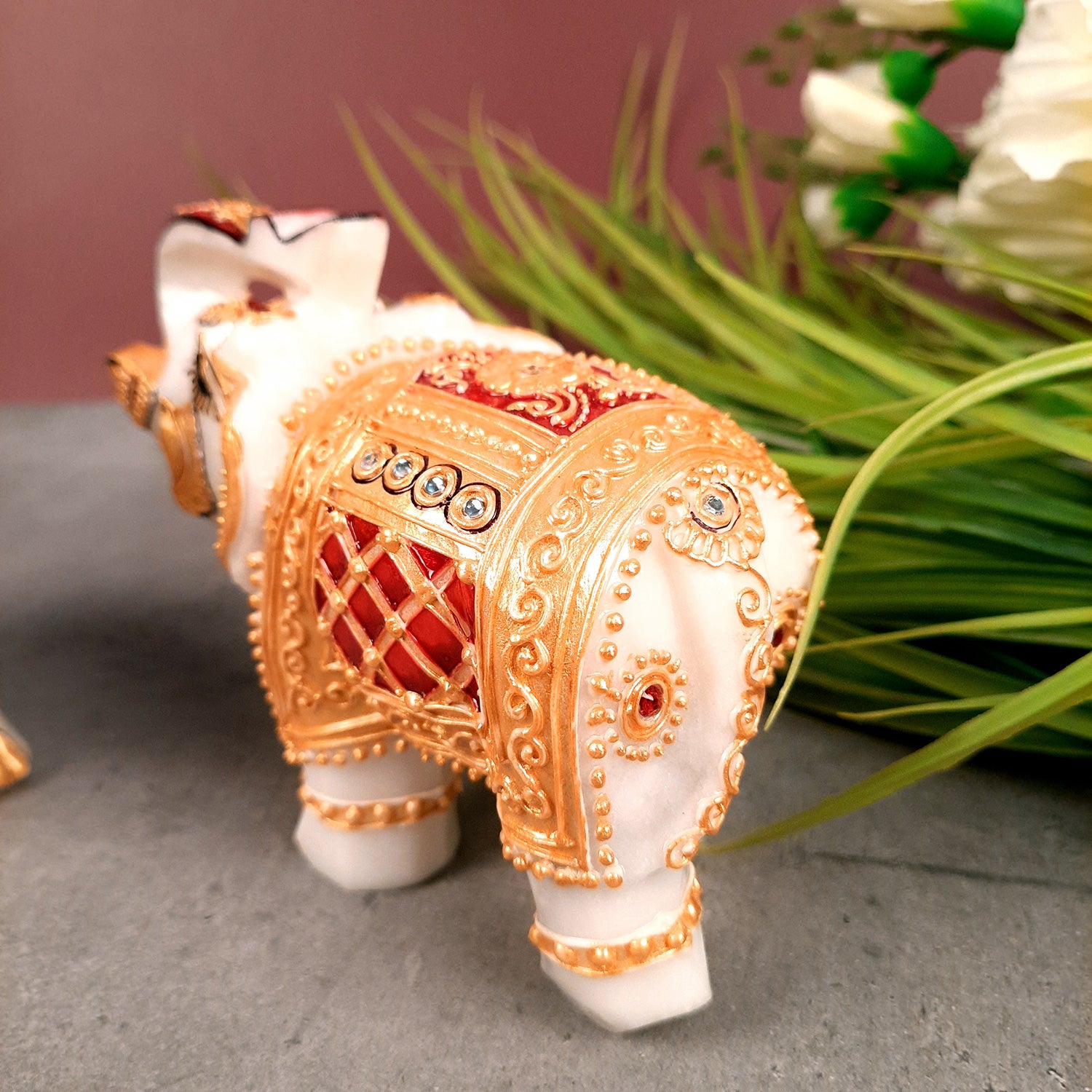 Elephant Showpiece Marble | Decorative Elephant Figurines - For Table, Living Room & Home Decoration - (Height - 4 Inch, Set of 2) - Apkamart