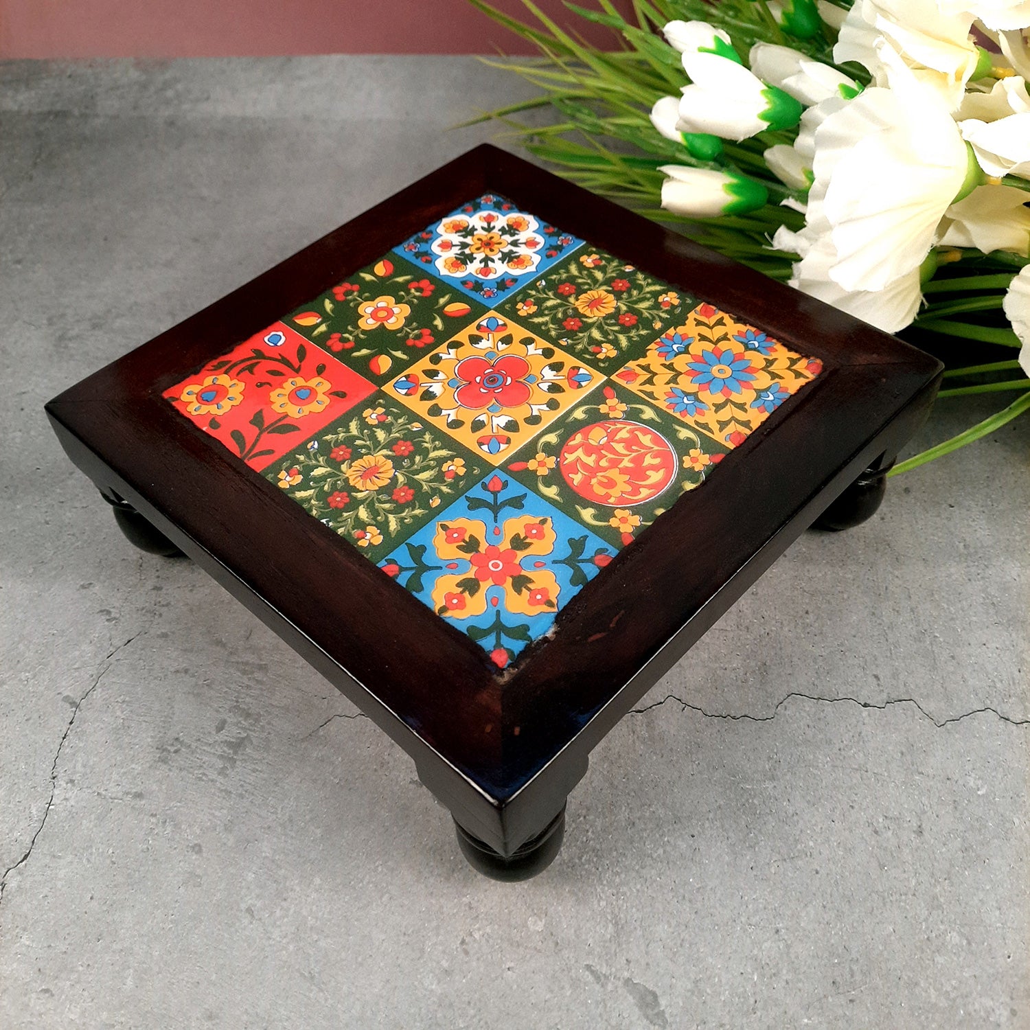 Puja Chowki Bajot with Ceramic Tiles | Wooden Patla - For Pooja, Sitting & Home Decor - 8 Inch - Apkamart