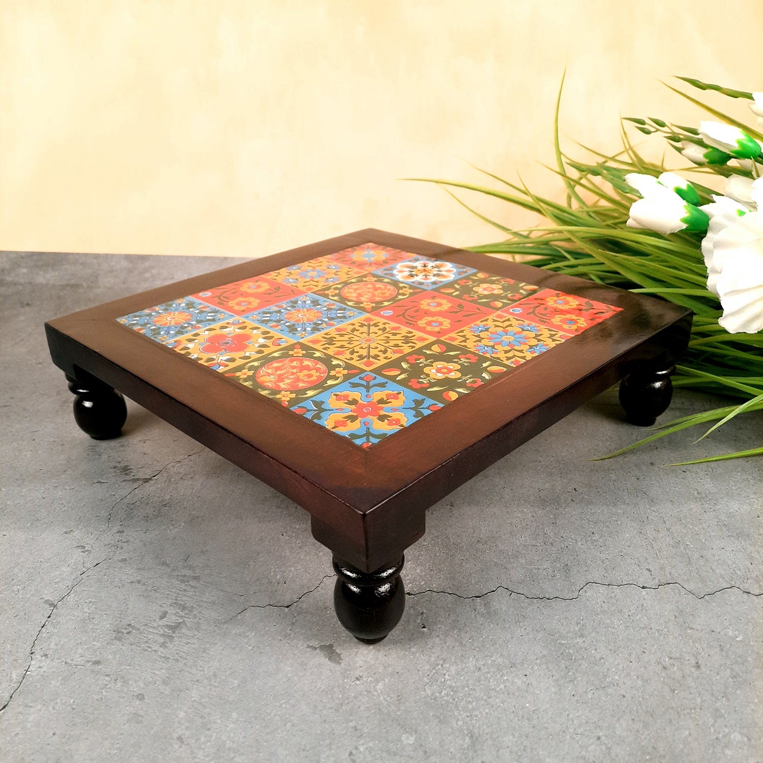 Wooden Chowki with Ceramic Tiles - For Pooja, Sitting & Home Decor - Apkamart #Size_10 Inch
