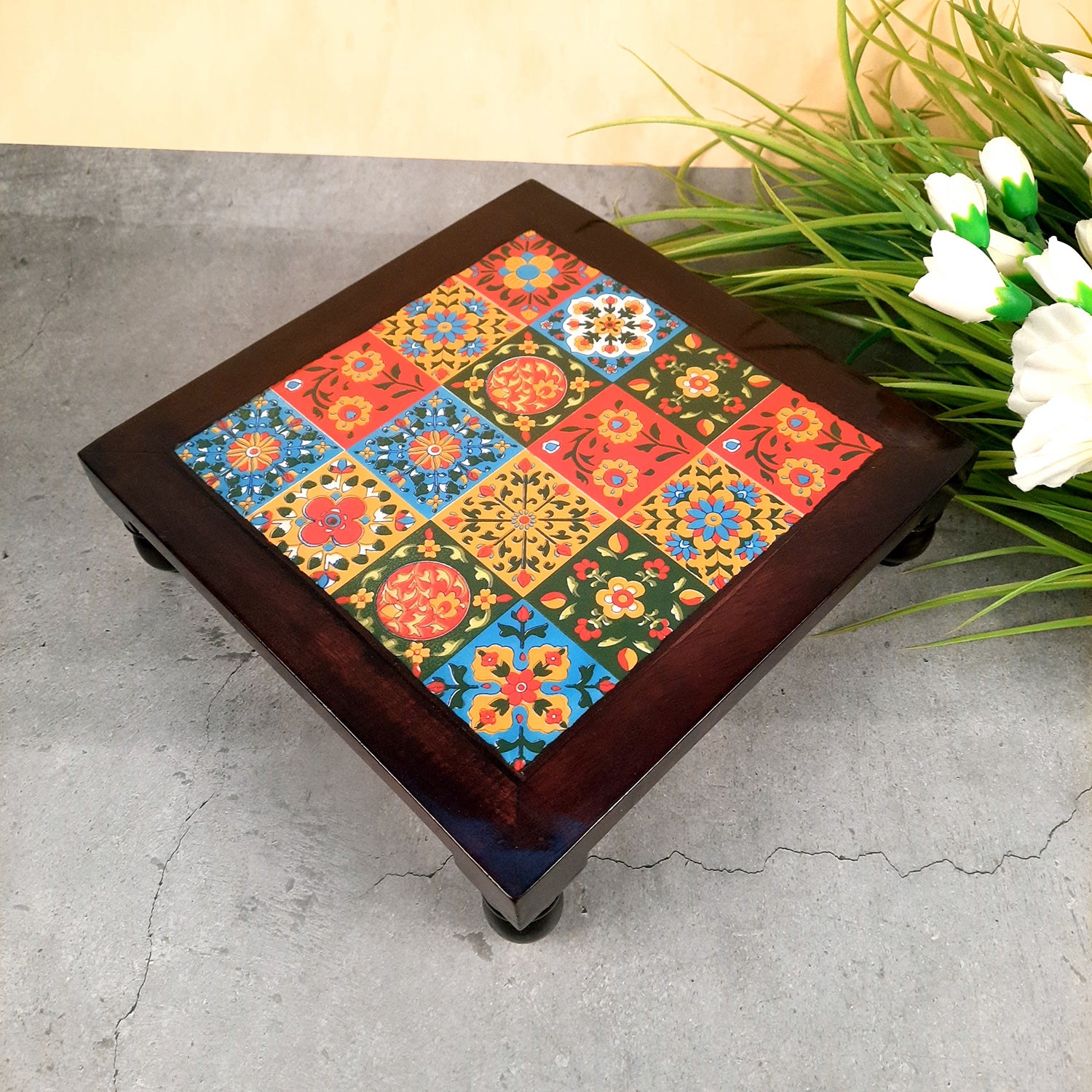 Wooden Chowki with Ceramic Tiles - For Pooja, Sitting & Home Decor - Apkamart #Size_10 Inch