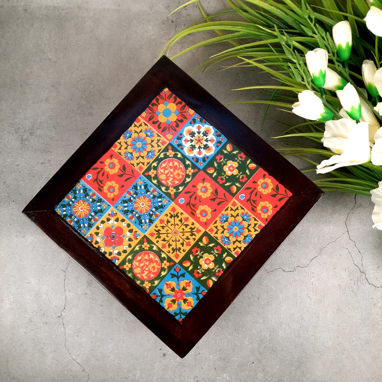 Wooden Chowki with Ceramic Tiles - For Pooja, Sitting & Home Decor - Apkamart #Size_10 Inch
