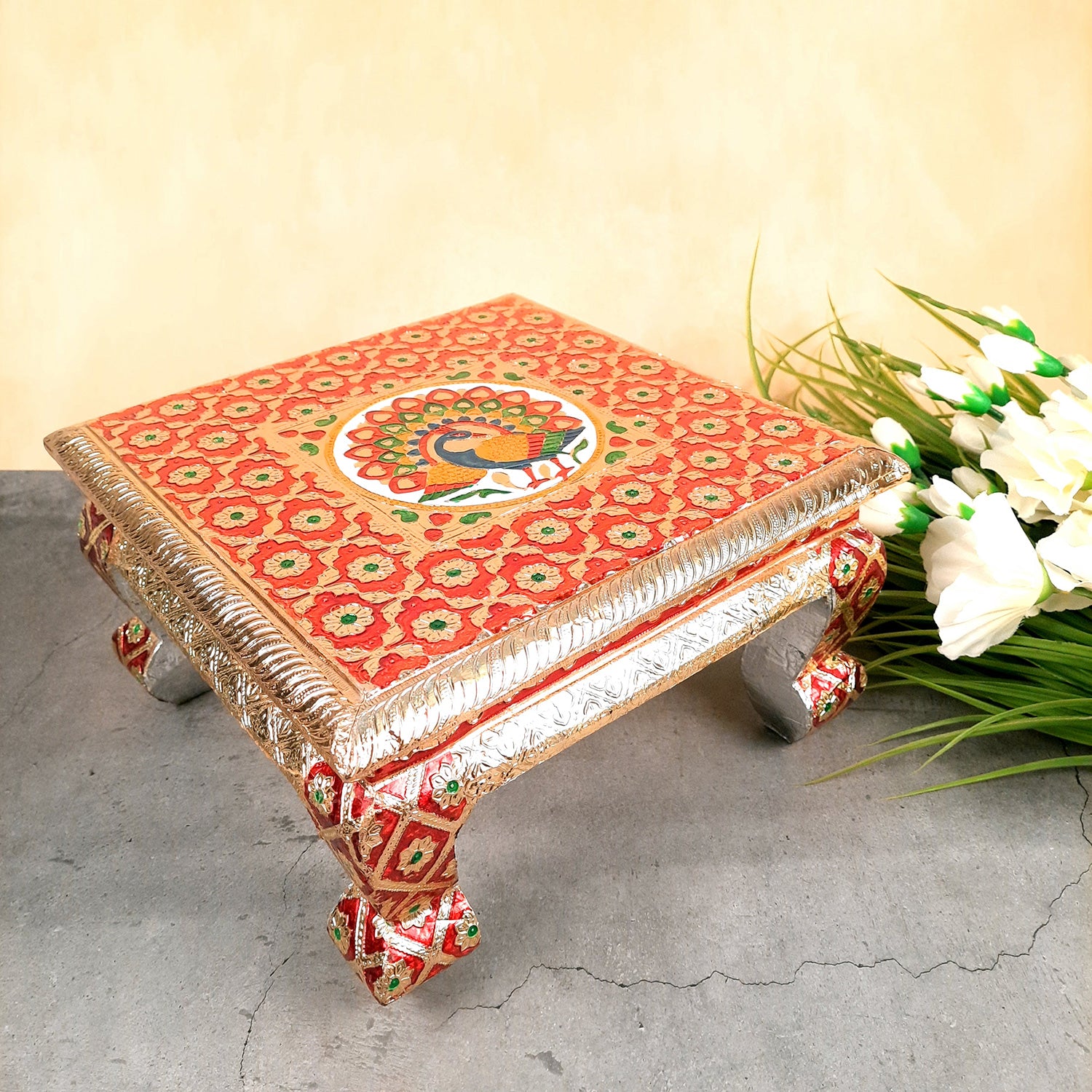 Meenakari Wooden Chowki Bajot - For Pooja & Home Decor - 12 Inch- Apkamart #Style_Pack of 2