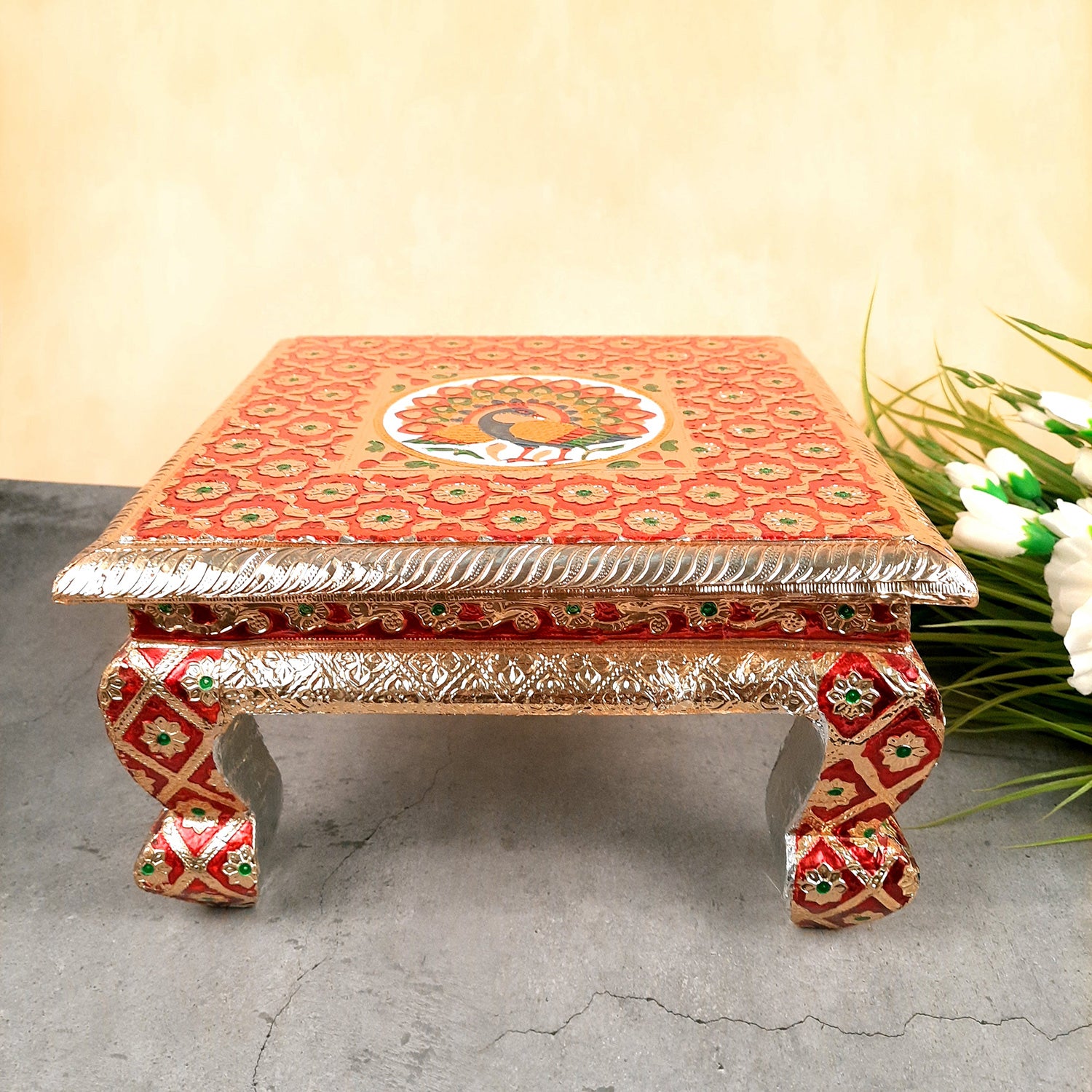 Meenakari Wooden Chowki Bajot - For Pooja & Home Decor - 12 Inch- Apkamart #Style_Pack of 1