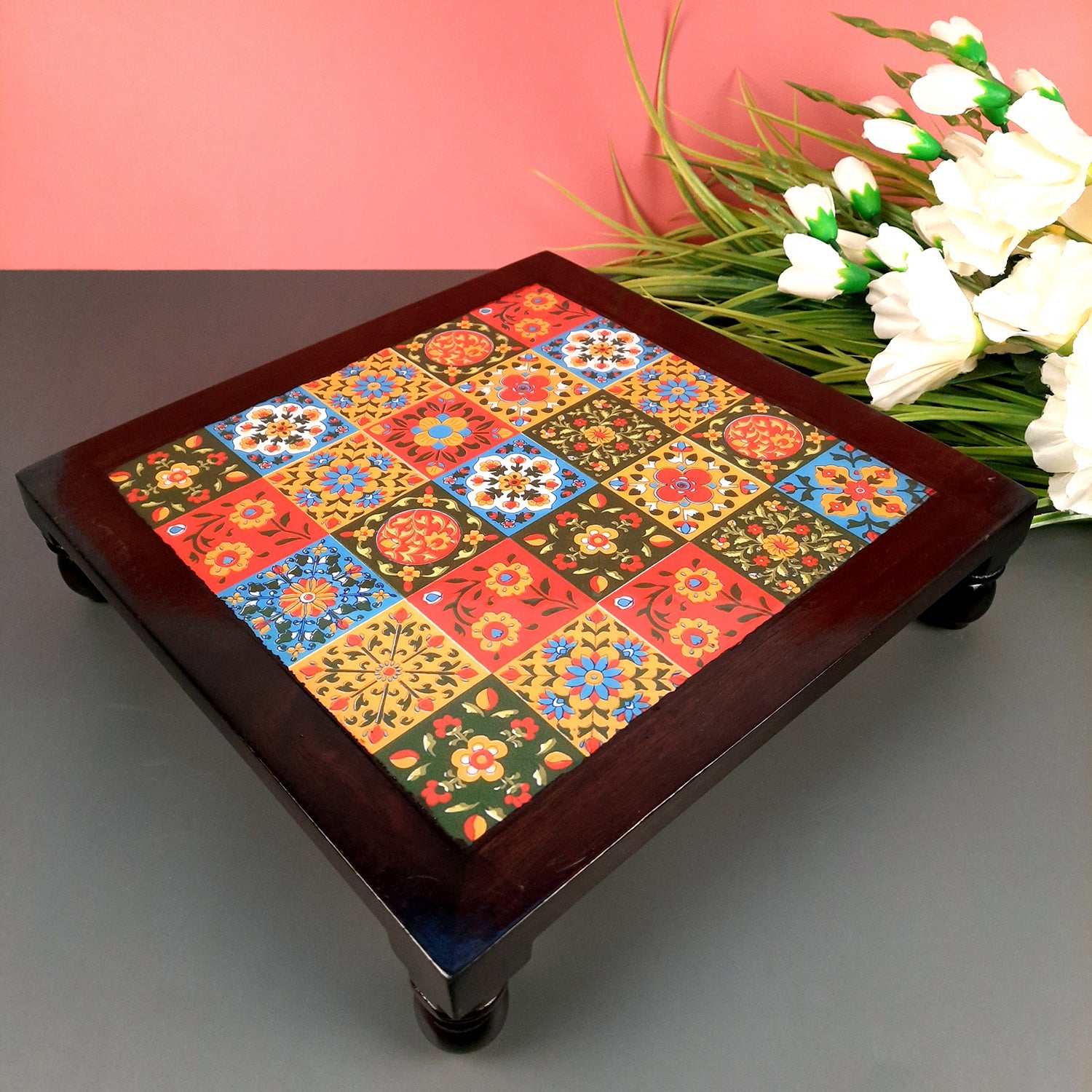Wooden Chowki with Ceramic Tiles - For Pooja, Sitting & Home Decor - Apkamart #Size_12 Inch