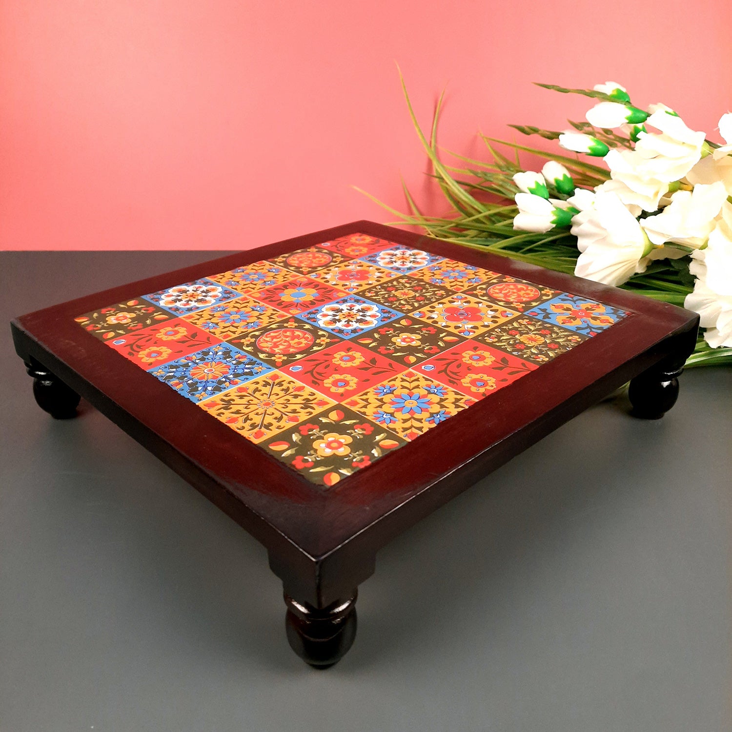 Wooden Chowki with Ceramic Tiles - For Pooja, Sitting & Home Decor - Apkamart #Size_12 Inch