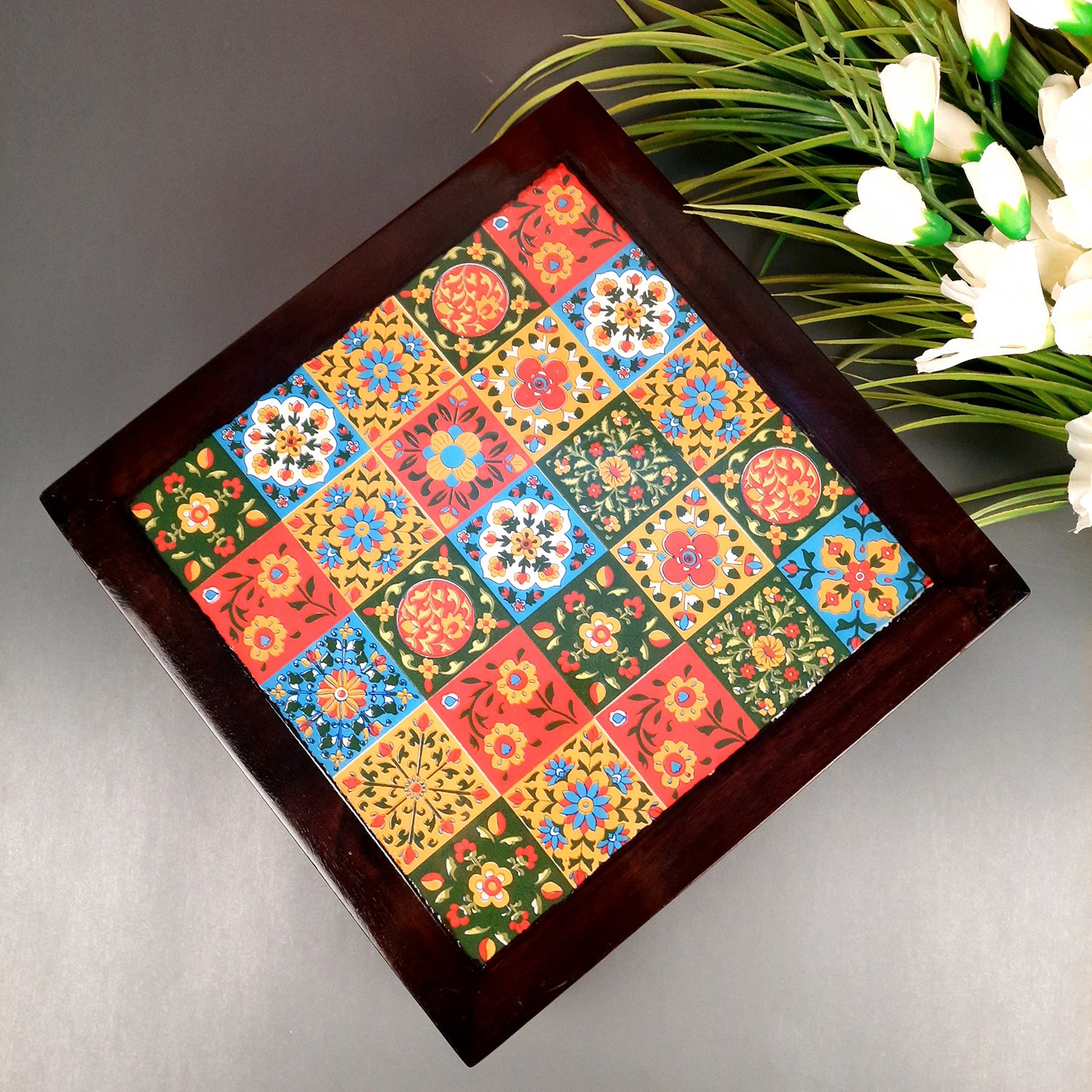 Wooden Chowki with Ceramic Tiles - For Pooja, Sitting & Home Decor - Apkamart #Size_12 Inch