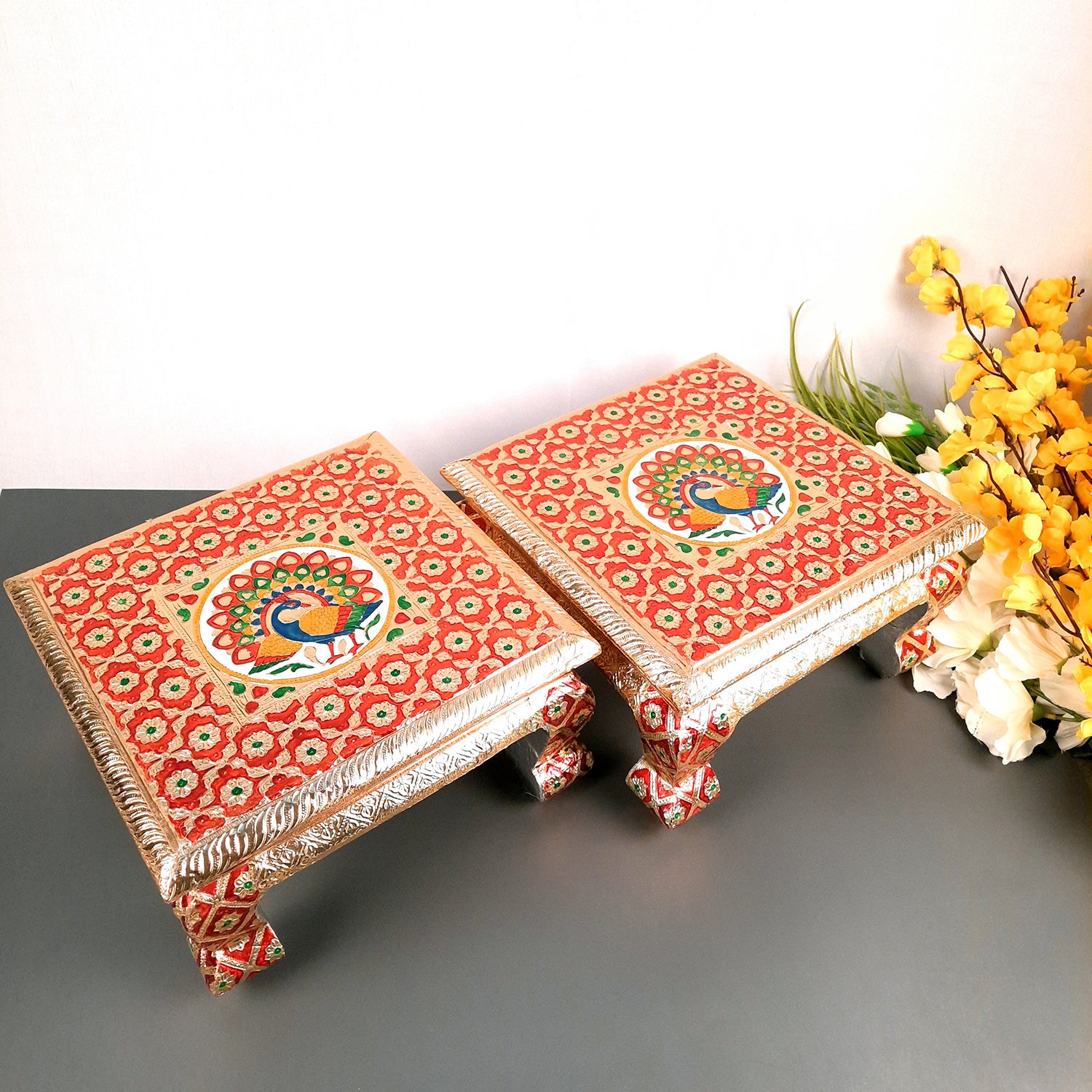 Meenakari Wooden Chowki Bajot - For Pooja & Home Decor - 12 Inch- Apkamart #Style_Pack of 2