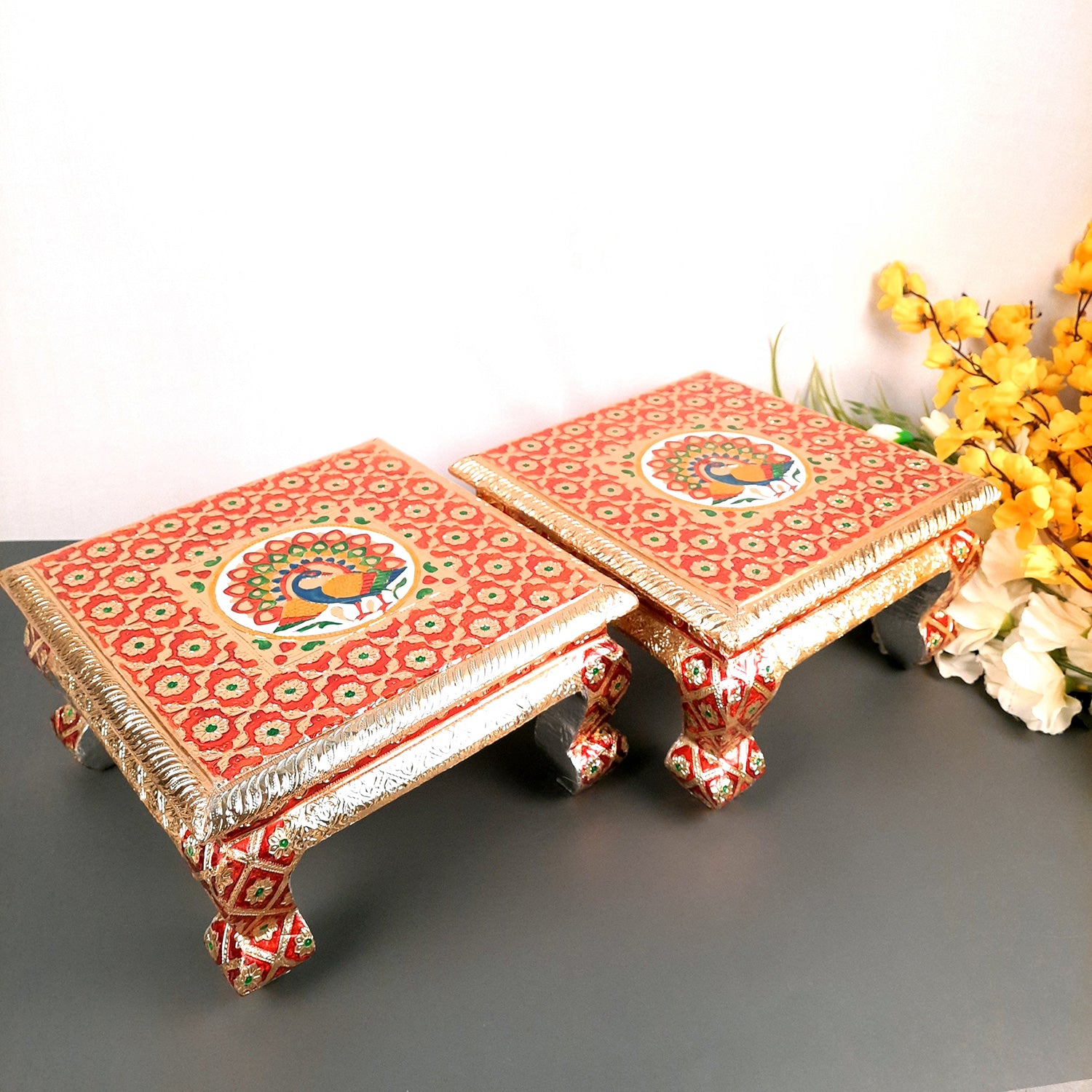 Meenakari Wooden Chowki Bajot - For Pooja & Home Decor - 12 Inch- Apkamart #Style_Pack of 2