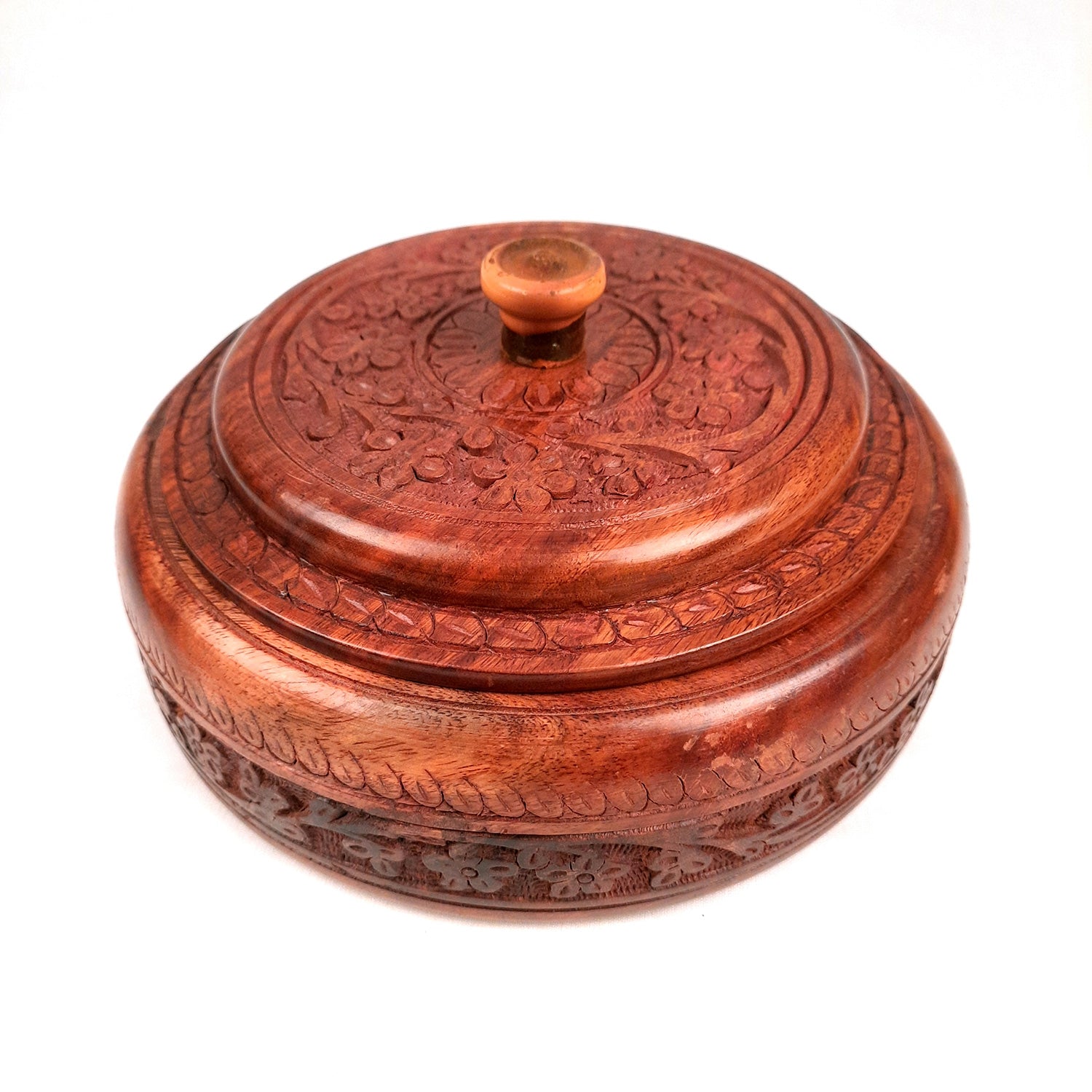 Wooden Dry Fruit Box with Lid With Beautiful Carving | Mukhwas Serving Bowl With Multiple Sections - For Kitchen & Dining Table - 7 Inch - Apkamart