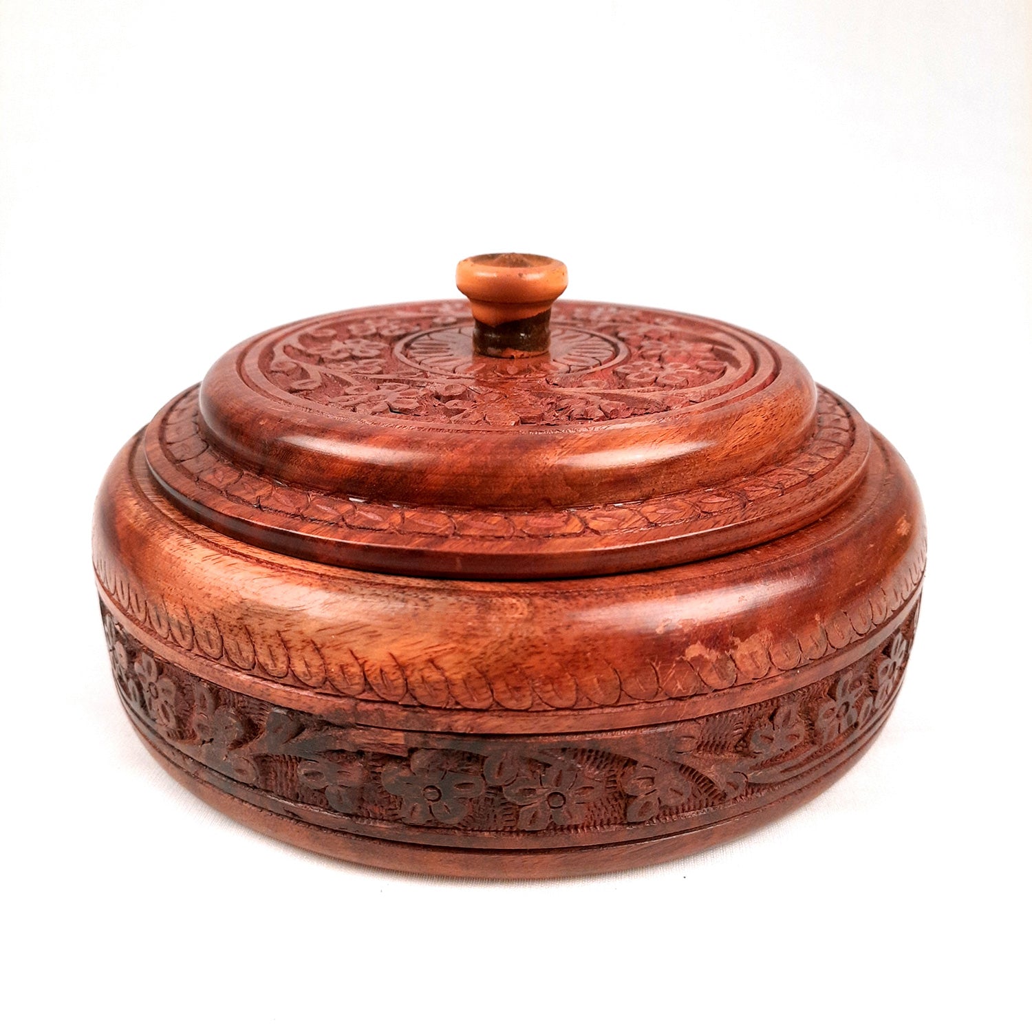 Wooden Dry Fruit Box with Lid With Beautiful Carving | Mukhwas Serving Bowl With Multiple Sections - For Kitchen & Dining Table - 7 Inch - Apkamart