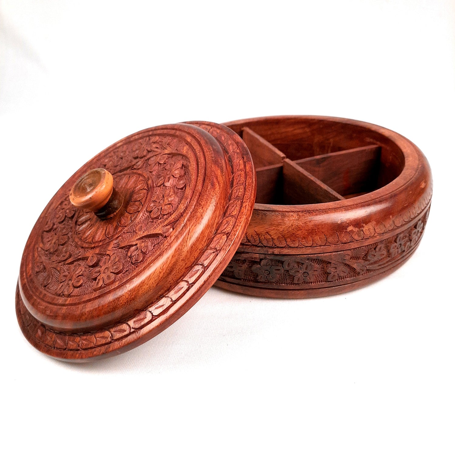 Wooden Dry Fruit Box with Lid With Beautiful Carving | Mukhwas Serving Bowl With Multiple Sections - For Kitchen & Dining Table - 7 Inch - Apkamart